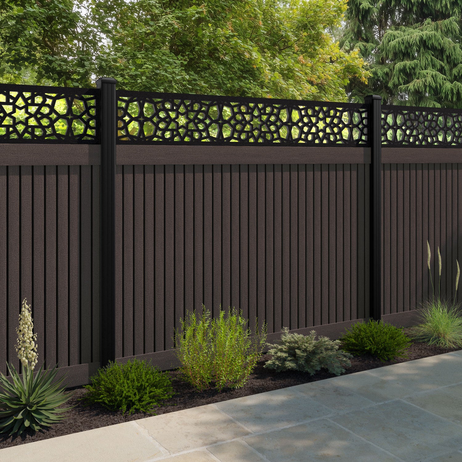 Virtis Nazira Fence Panel - Mid Brown - with our composite posts