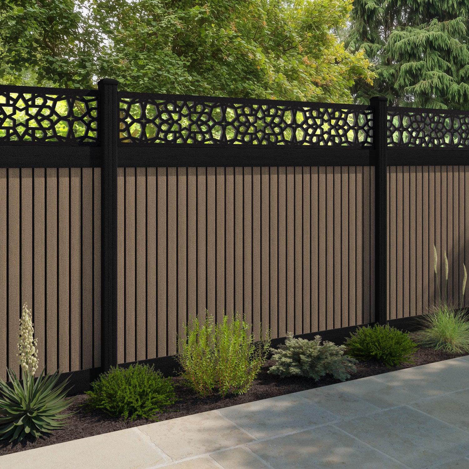 Virtis Nazira Fence Panel - Teak - with our aluminium posts