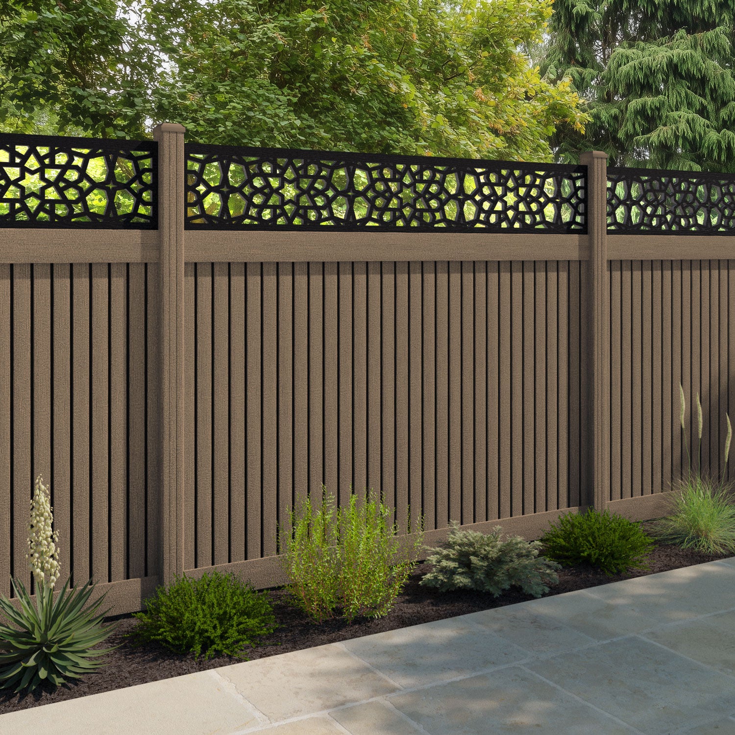 Virtis Nazira Fence Panel - Teak - with our composite posts