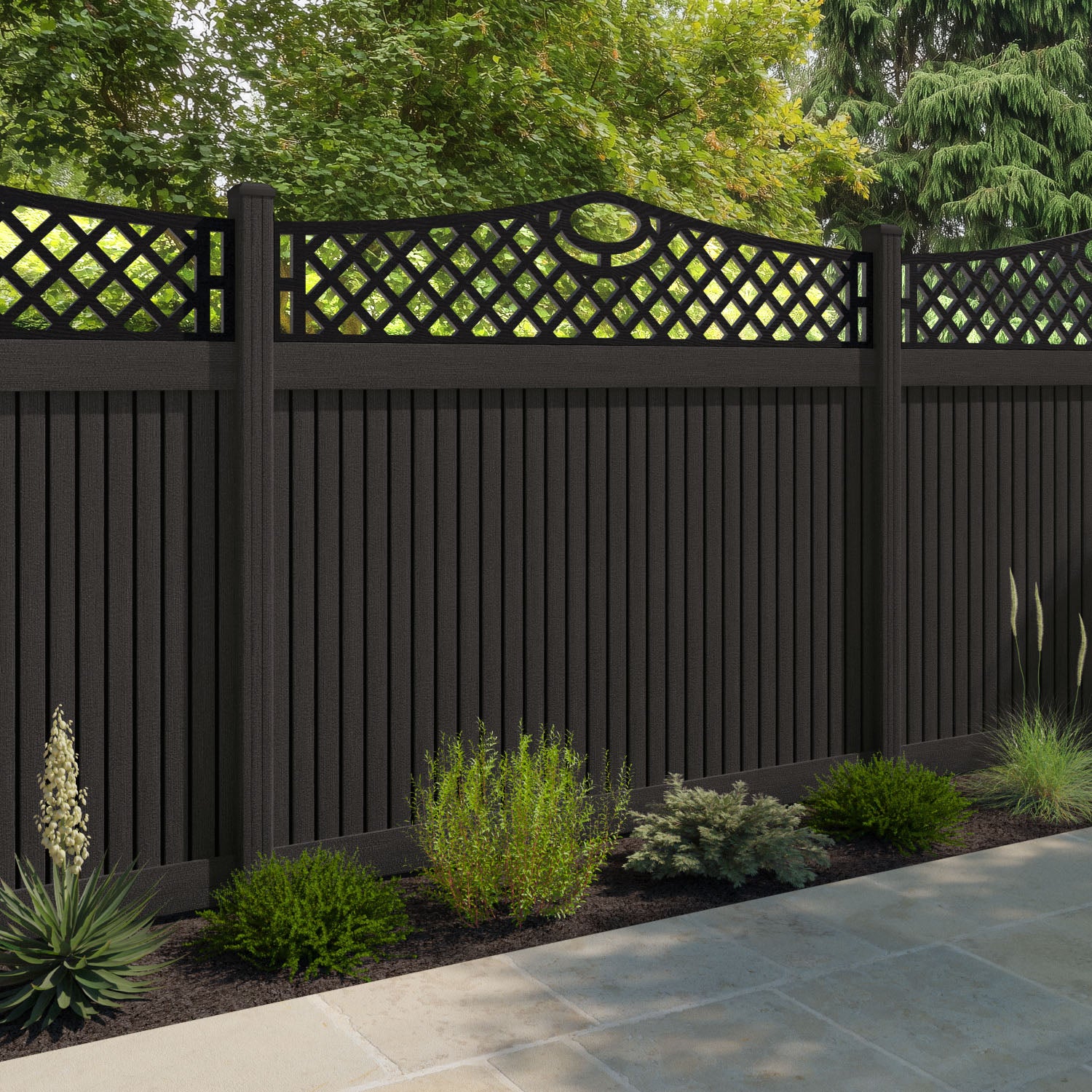 Virtis Oxford Curved Top Fence Panel - Dark Oak - with our composite posts