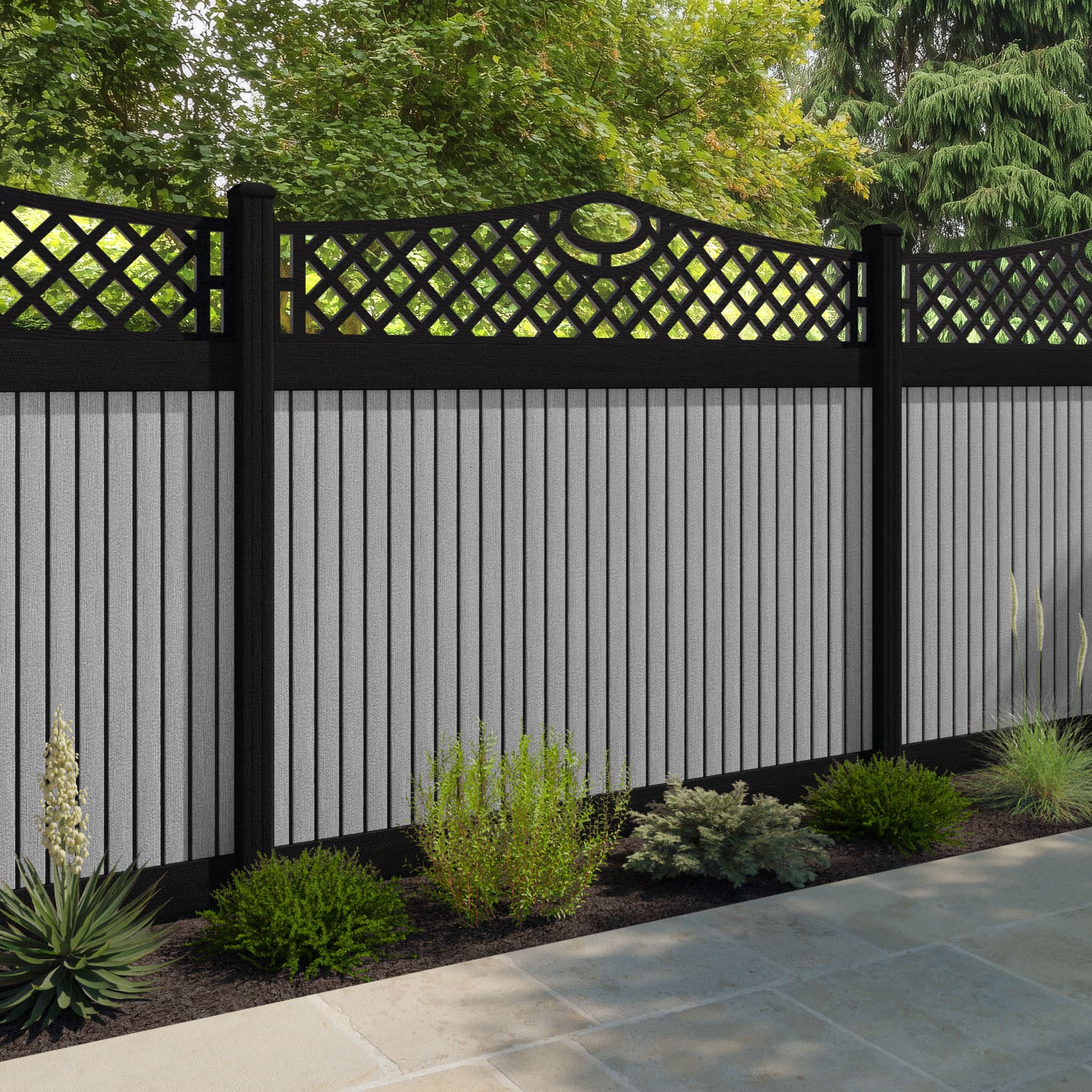 Virtis Oxford Curved Top Fence Panel - Light Grey - with our aluminium posts