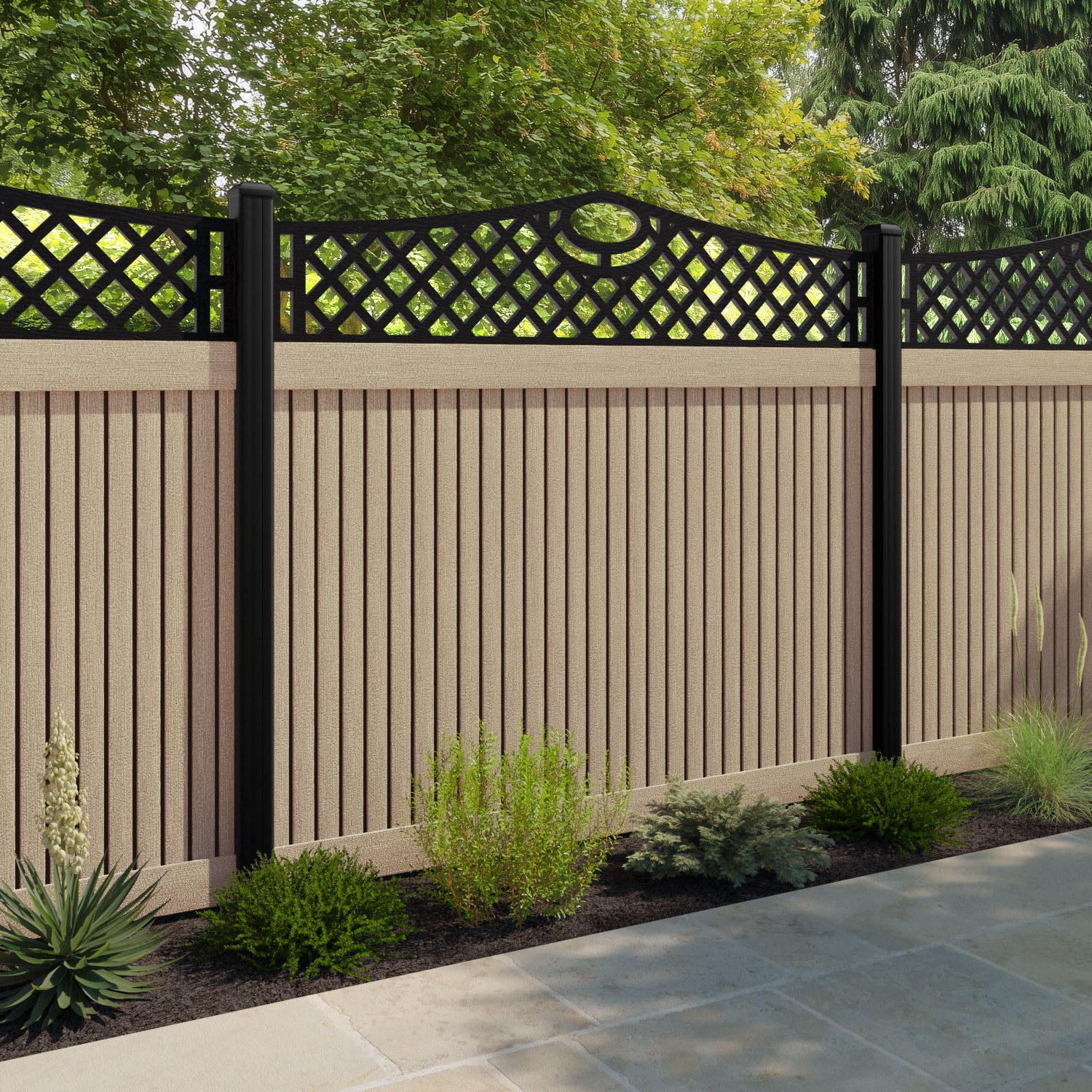 Virtis Oxford Curved Top Fence Panel - Light Oak - with our aluminium posts