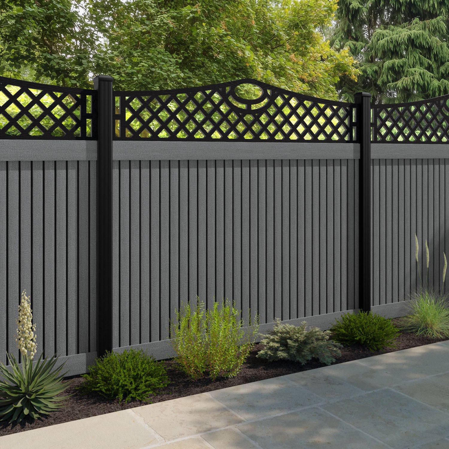 Virtis Oxford Curved Top Fence Panel - Mid Grey - with our composite posts