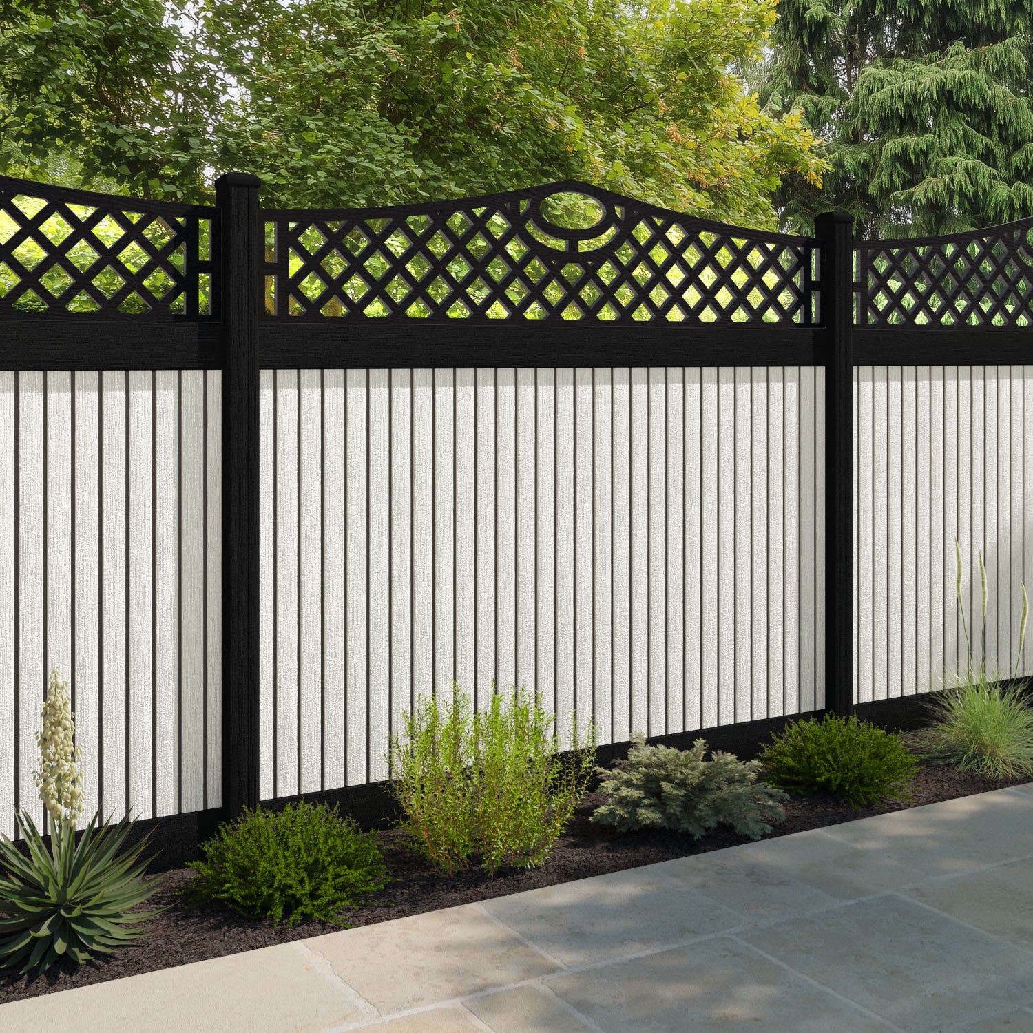 Virtis Oxford Curved Top Fence Panel - Light Stone - with our composite posts