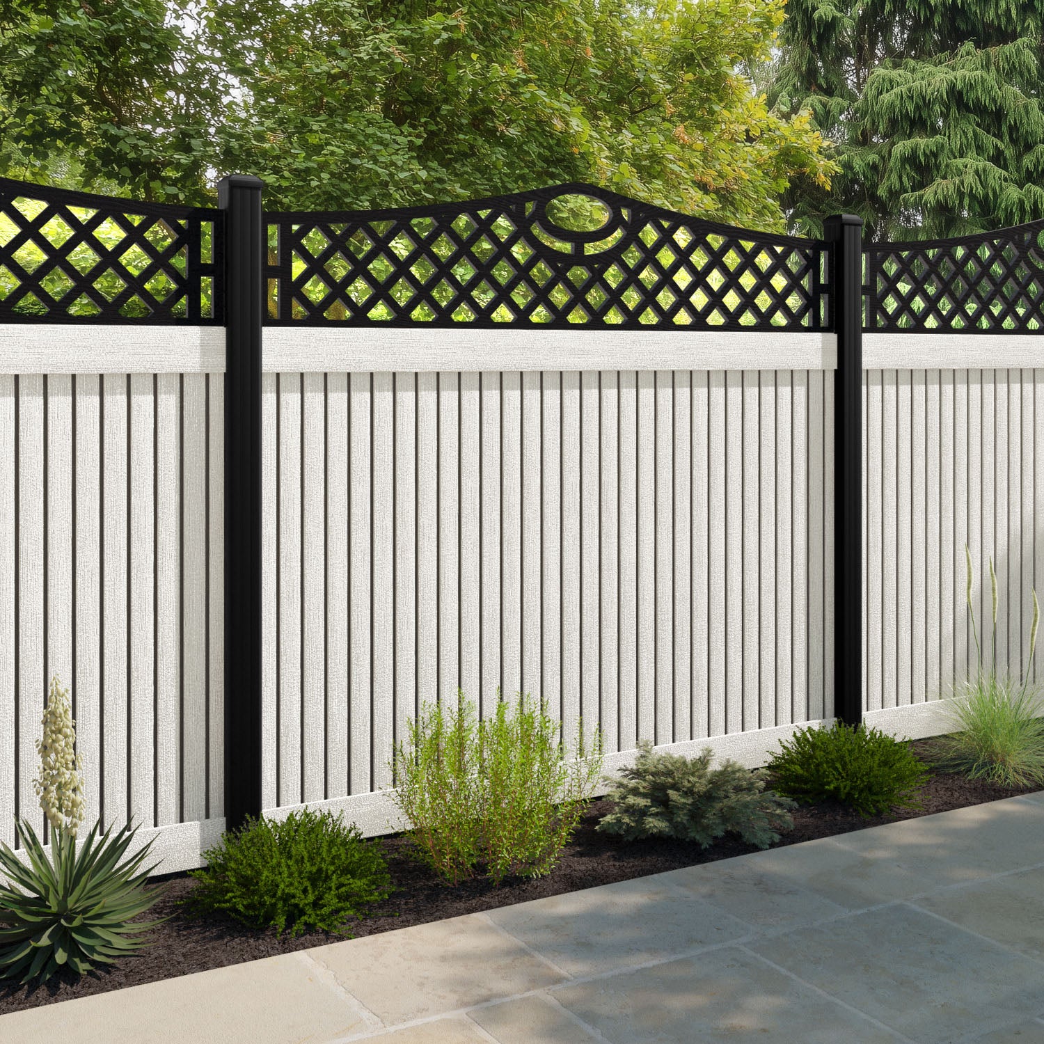 Virtis Oxford Curved Top Fence Panel - Light Stone - with our composite posts