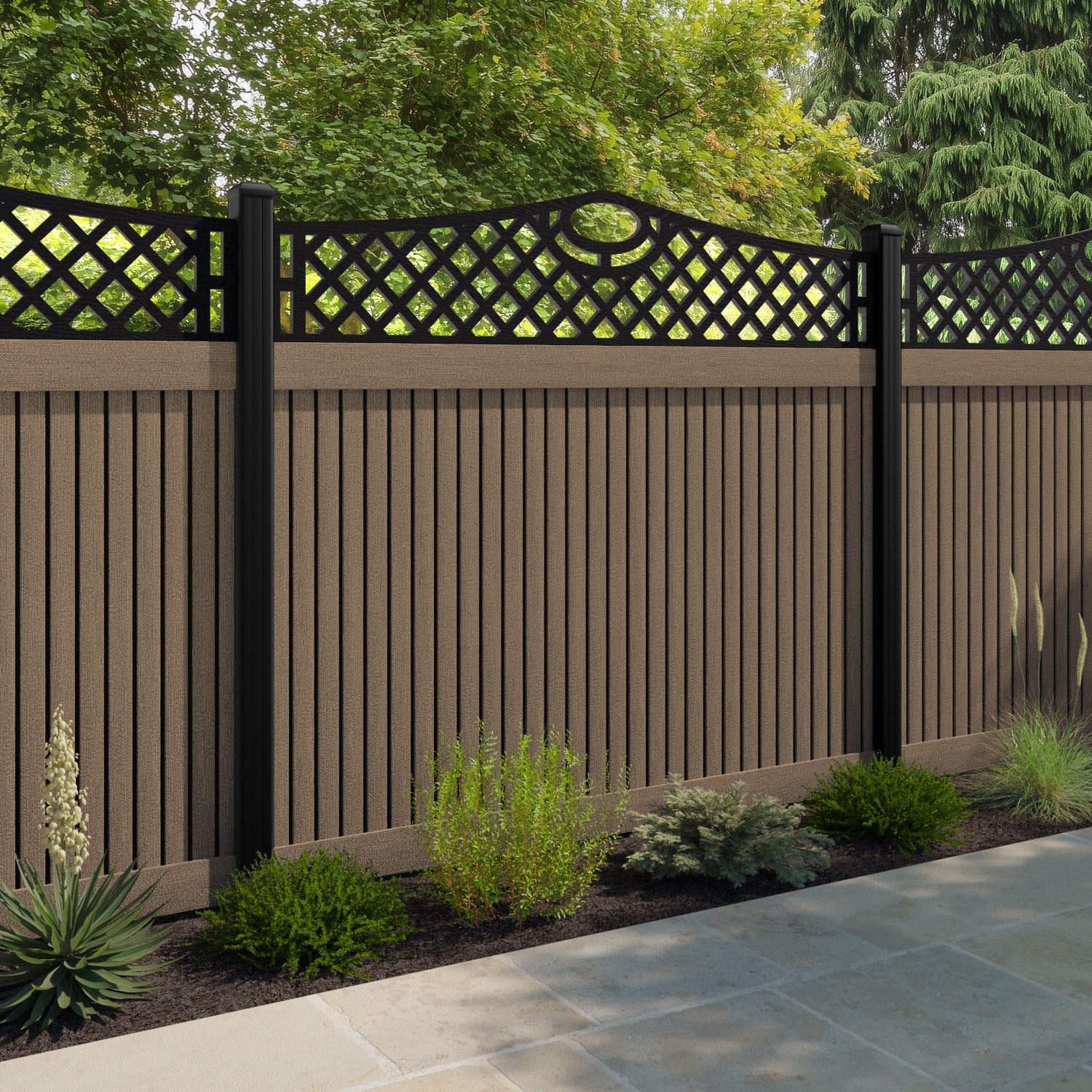 Virtis Oxford Curved Top Fence Panel - Teak - with our aluminium posts