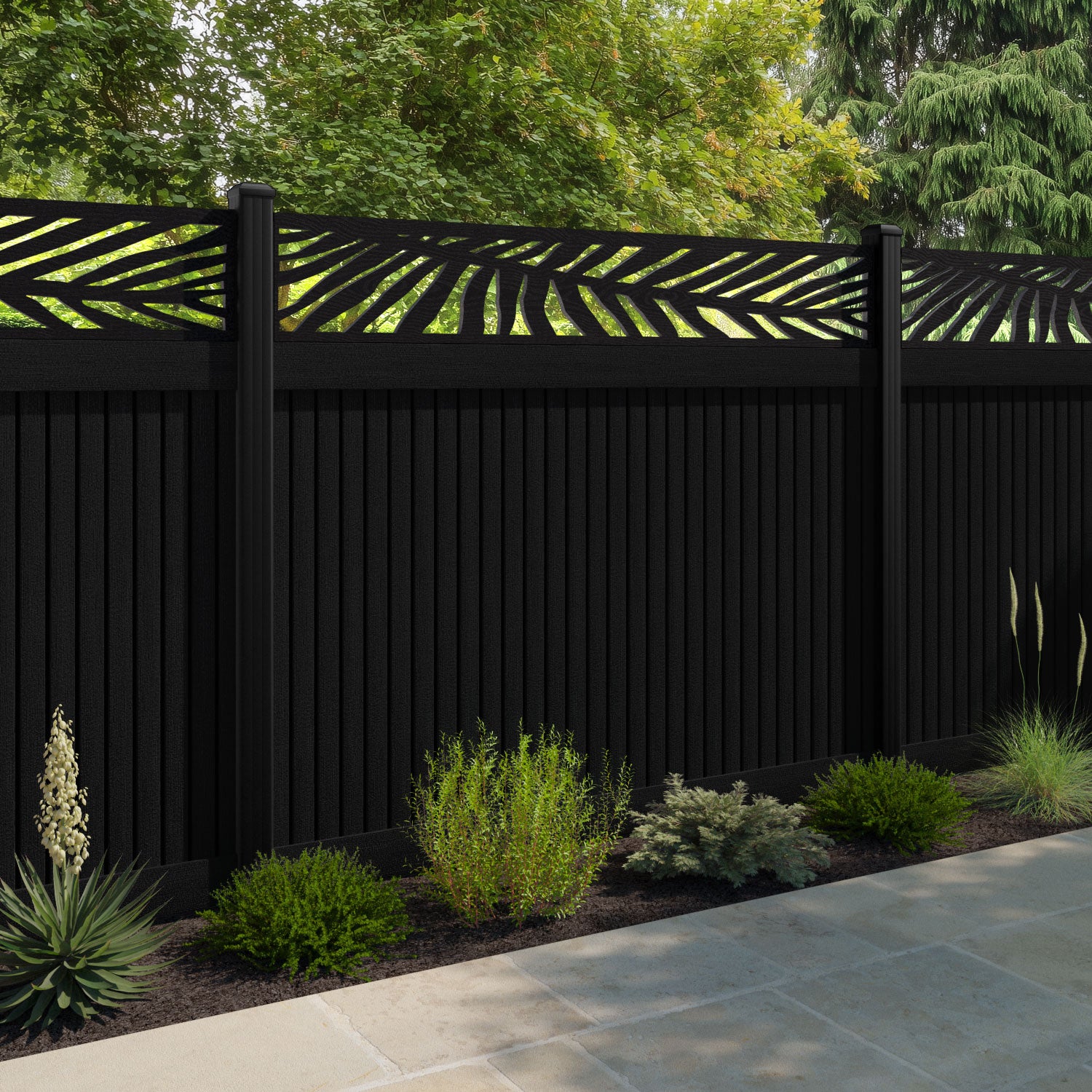 Virtis Palm Fence Panel - Black - with our aluminium posts