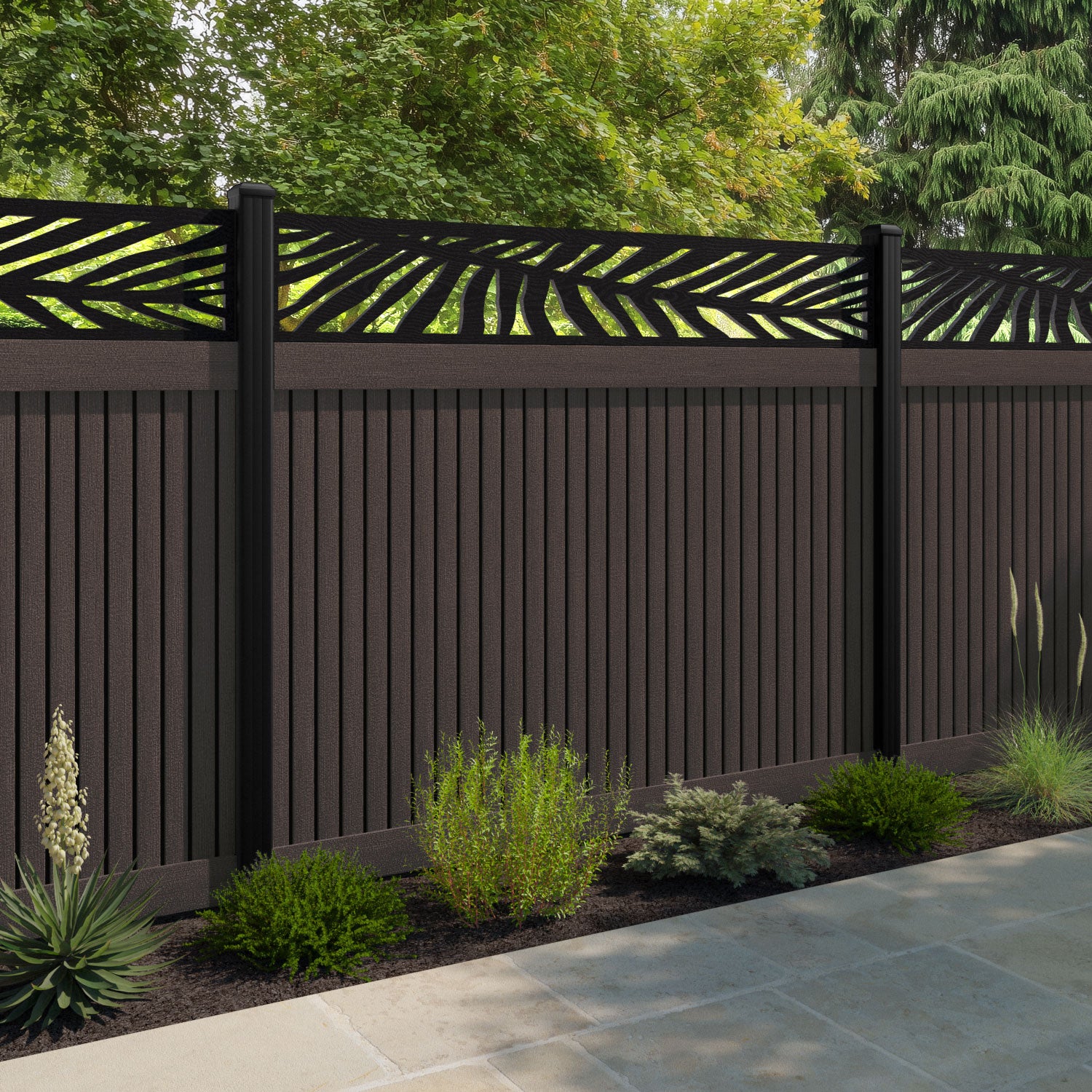 Virtis Palm Fence Panel - Mid Brown - with our aluminium posts