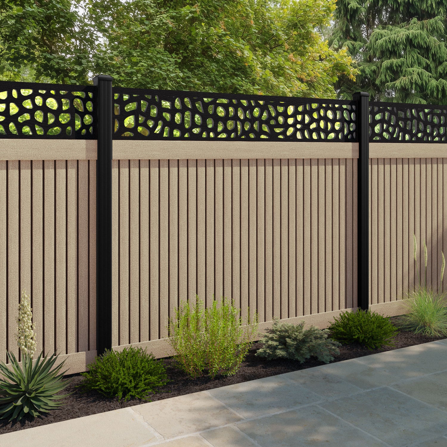 Virtis Pebble Fence Panel - Light Oak - with our composite posts