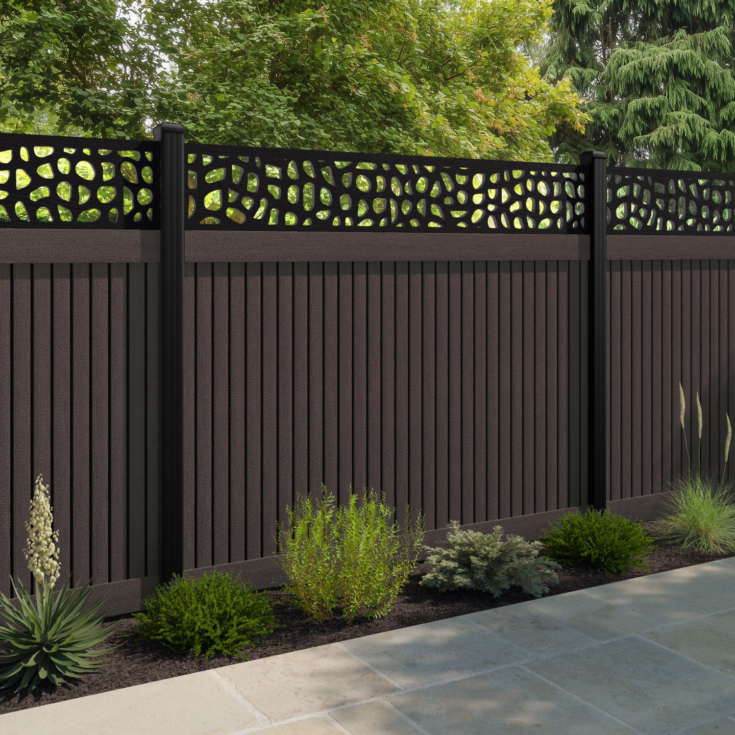 Virtis Pebble Fence Panel - Mid Brown - with our aluminium posts