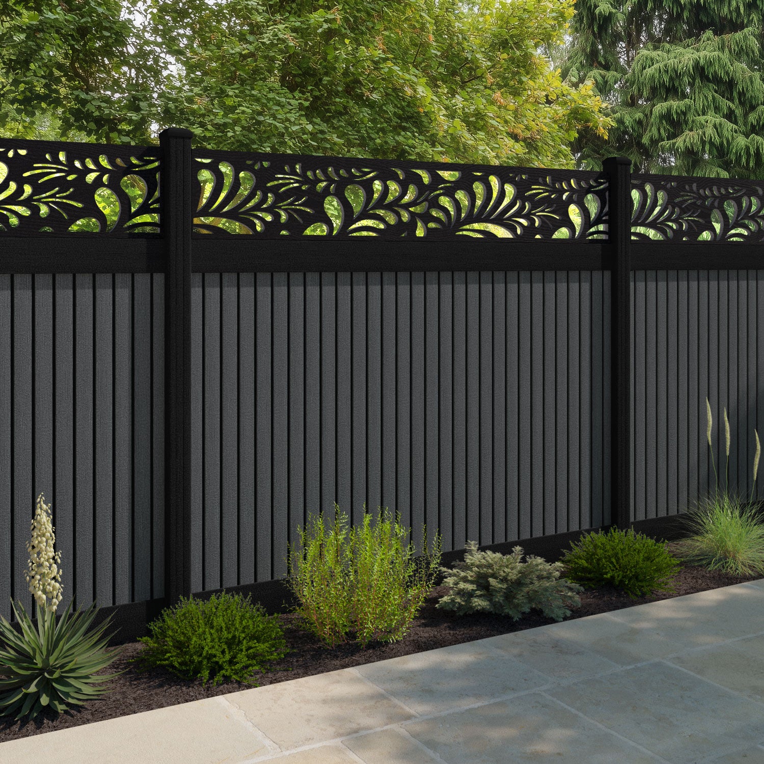 Virtis Petal Fence Panel - Dark Grey - with our aluminium posts