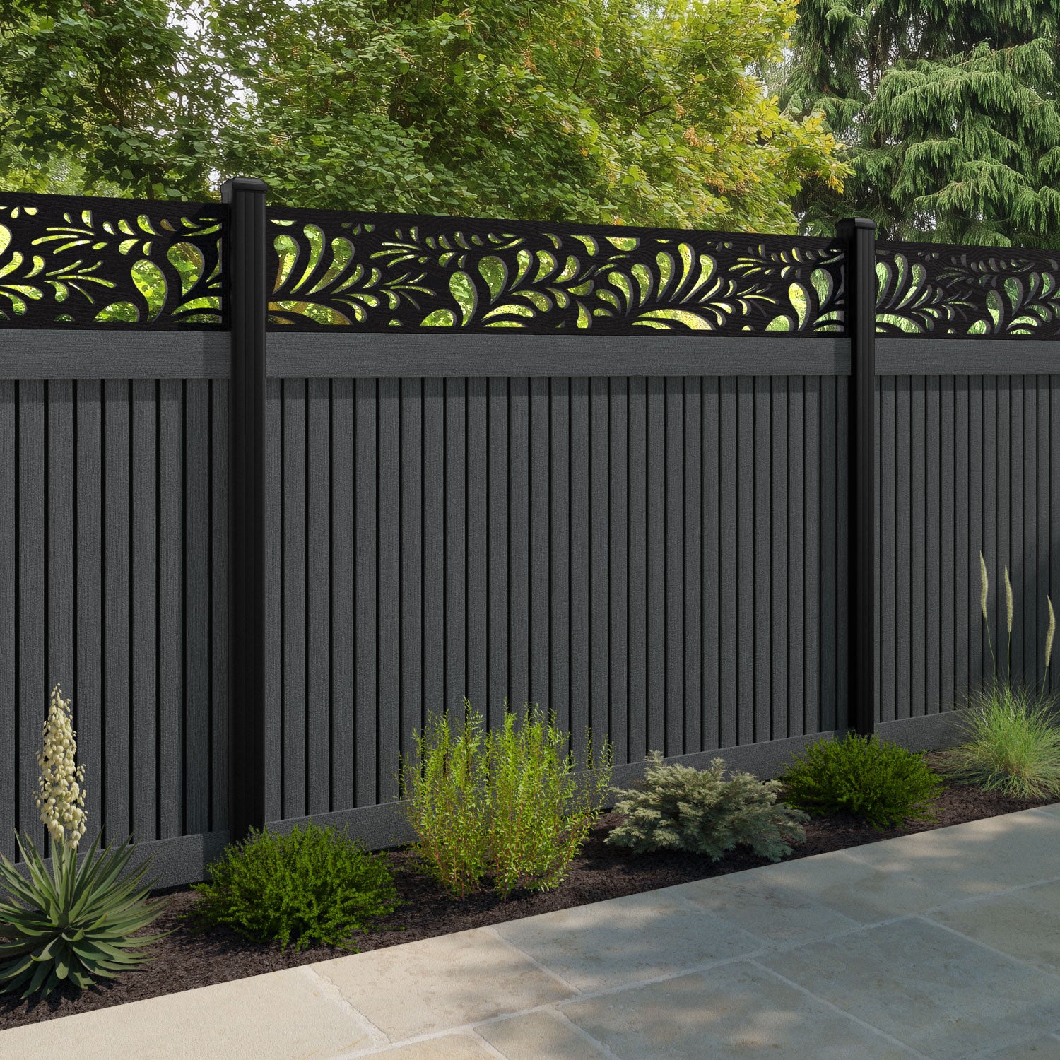Virtis Petal Fence Panel - Dark Grey - with our aluminium posts