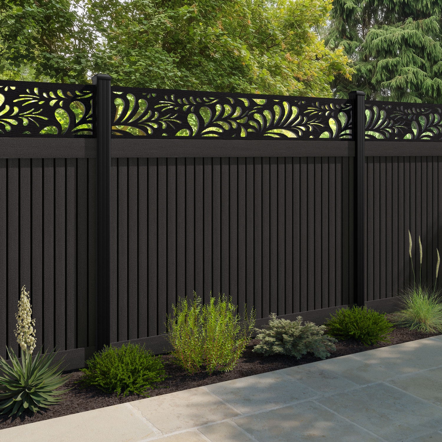 Virtis Petal Fence Panel - Dark Oak - with our composite posts