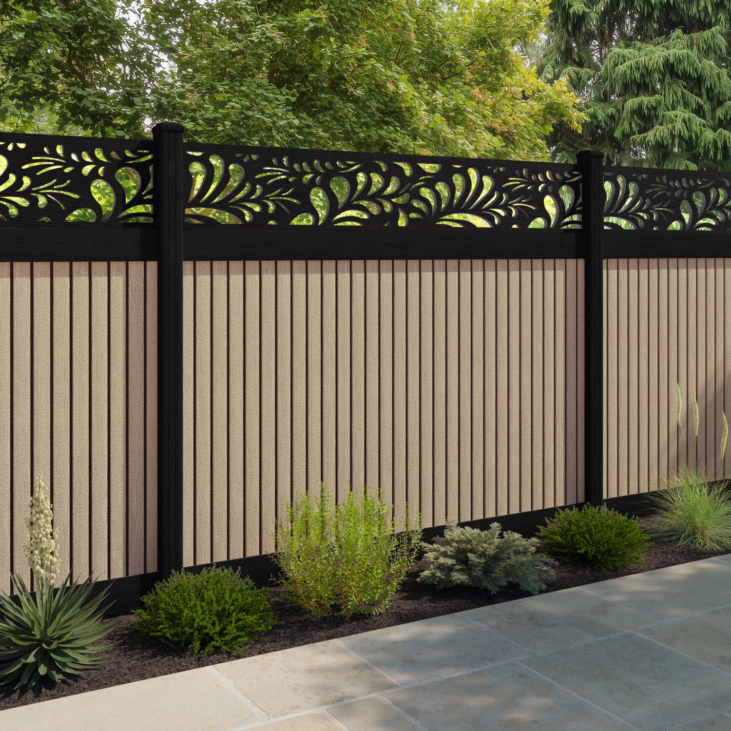 Virtis Petal Fence Panel - Light Oak - with our aluminium posts