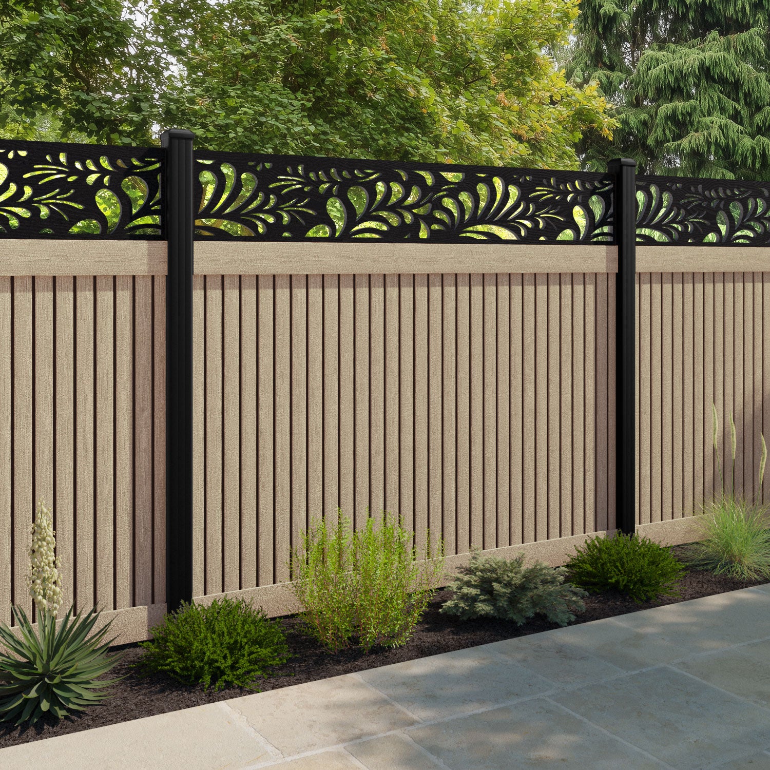 Virtis Petal Fence Panel - Light Oak - with our aluminium posts