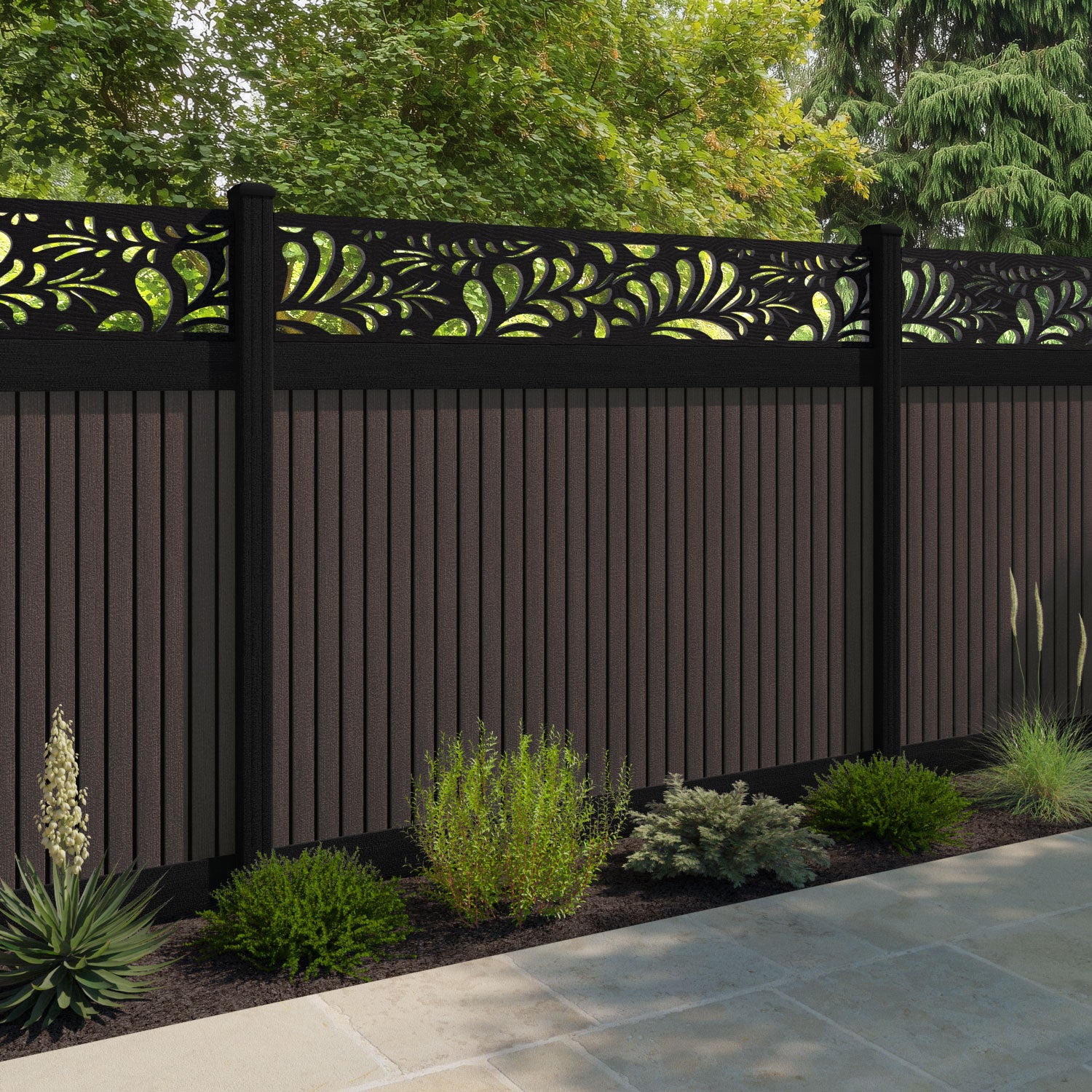 Virtis Petal Fence Panel - Mid Brown - with our aluminium posts