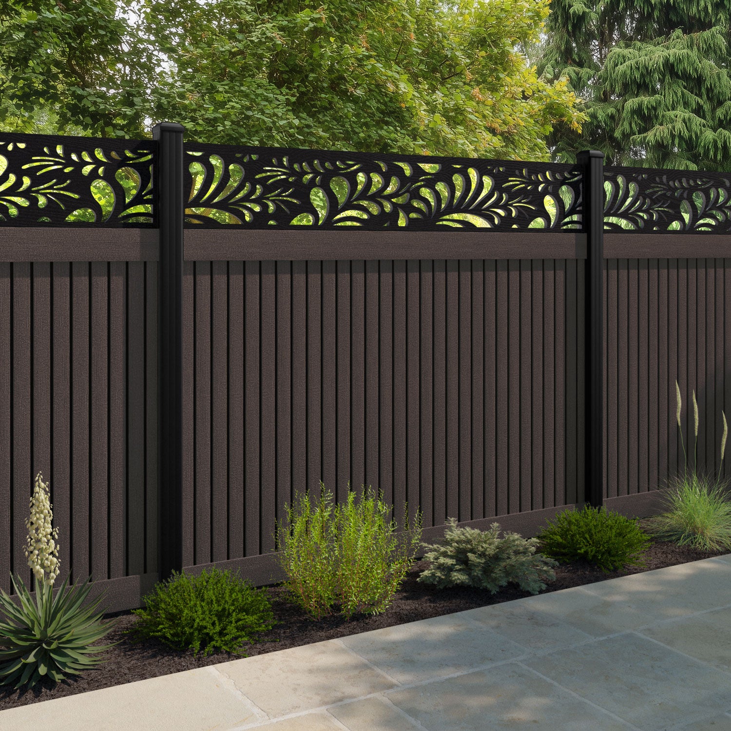 Virtis Petal Fence Panel - Mid Brown - with our composite posts
