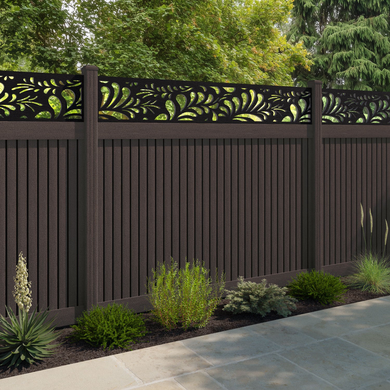 Virtis Petal Fence Panel - Mid Brown - with our composite posts