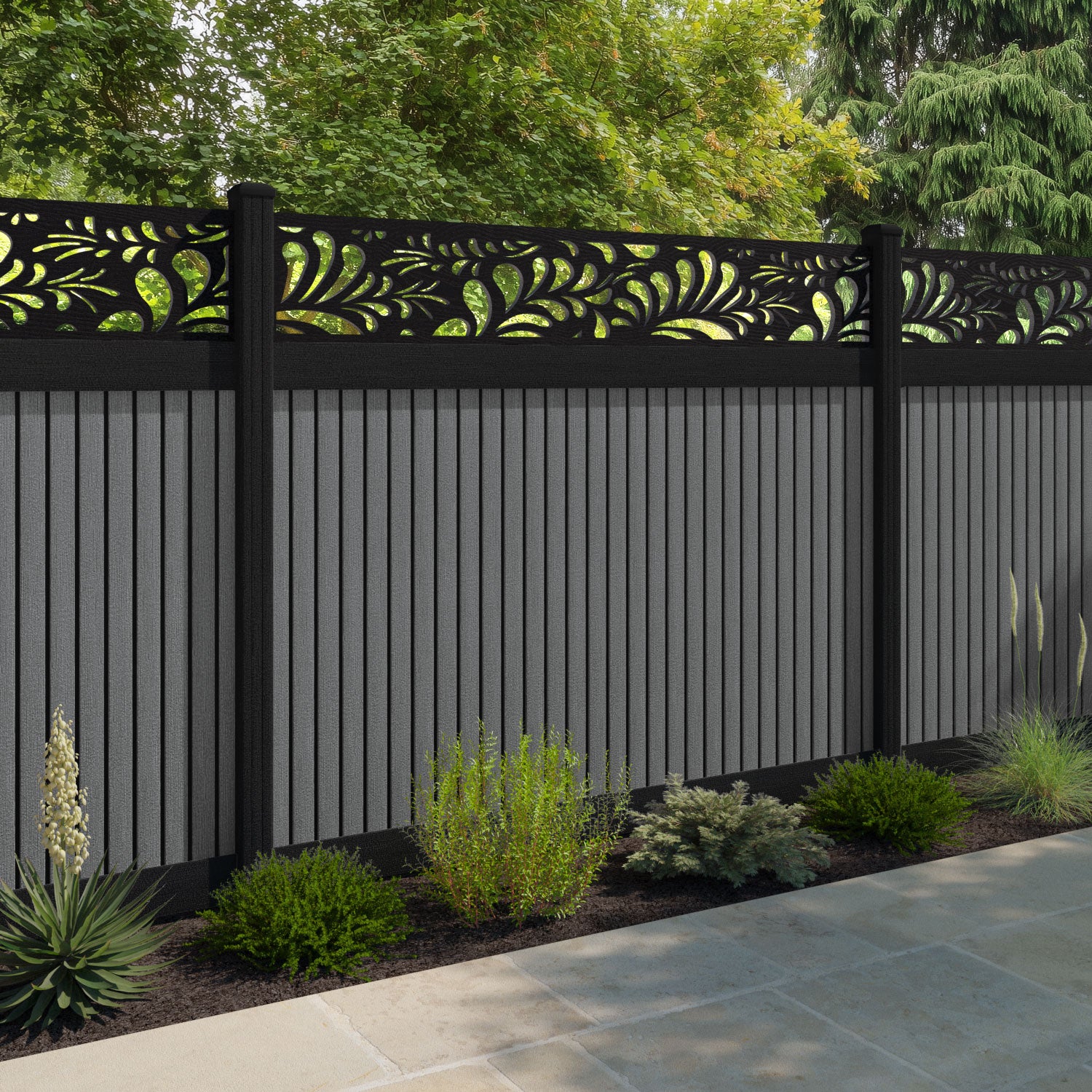 Virtis Petal Fence Panel - Mid Grey - with our aluminium posts