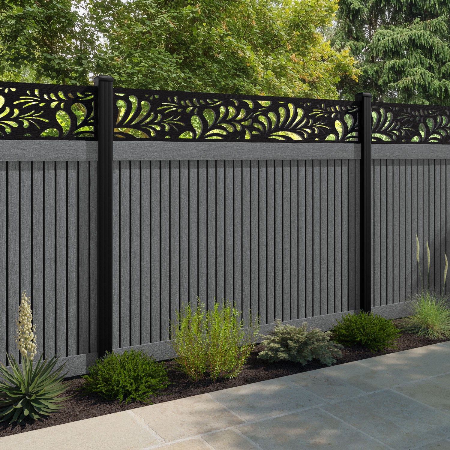 Virtis Petal Fence Panel - Mid Grey - with our aluminium posts