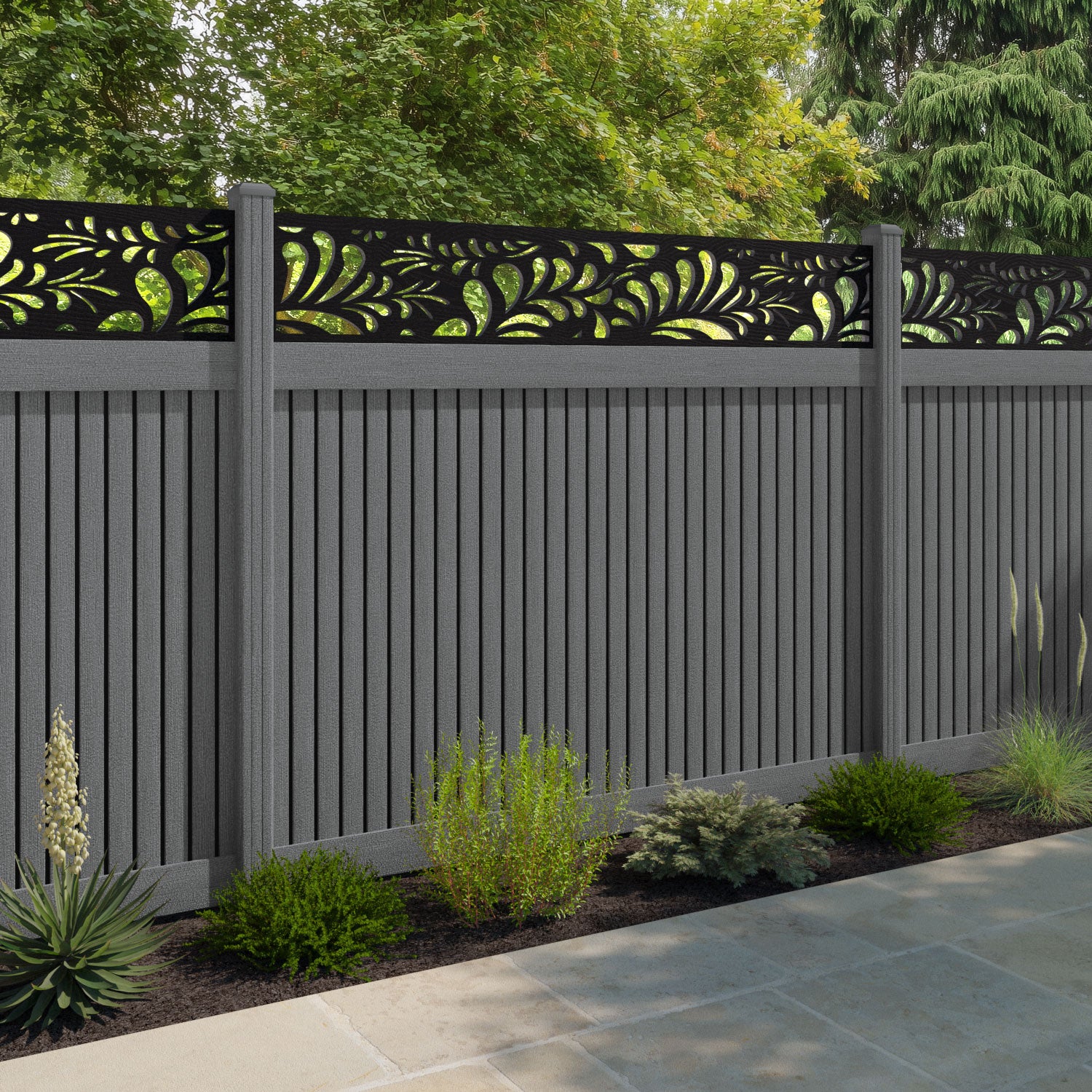 Virtis Petal Fence Panel - Mid Grey - with our composite posts