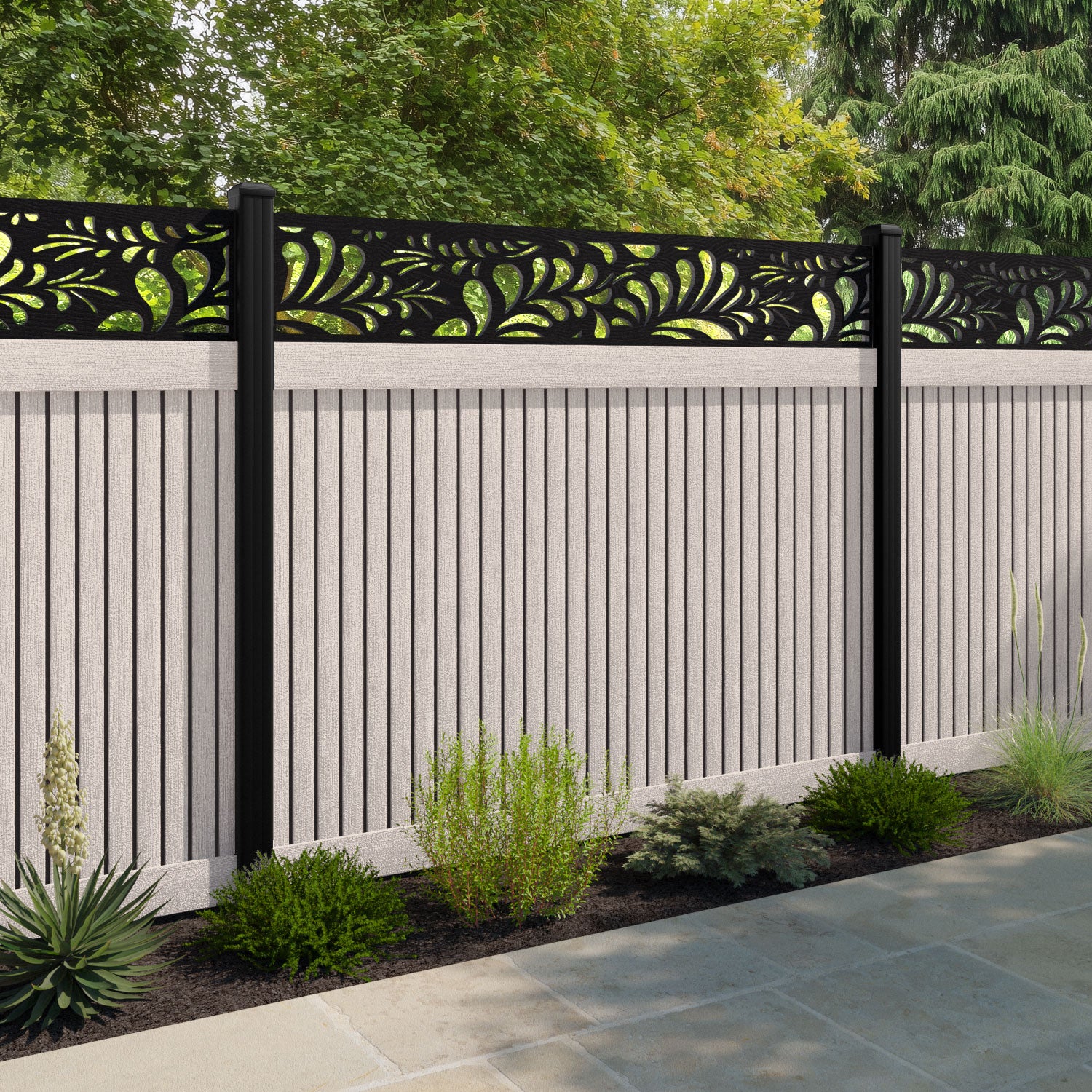 Virtis Petal Fence Panel - Mid Stone - with our aluminium posts