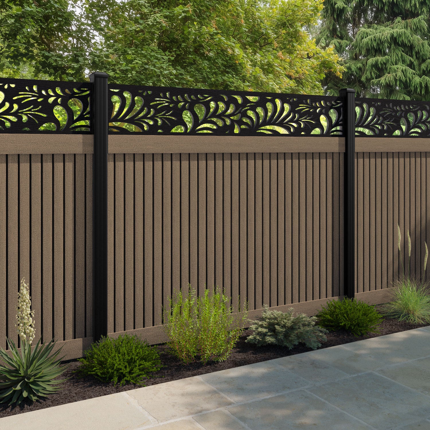 Virtis Petal Fence Panel - Teak - with our aluminium posts