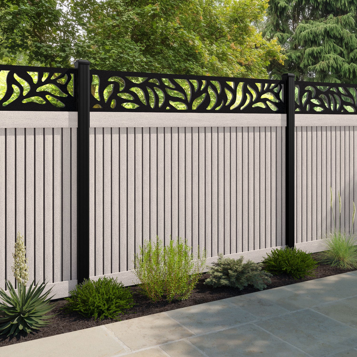 Virtis Plume Fence Panel - Mid Stone - with our aluminium posts