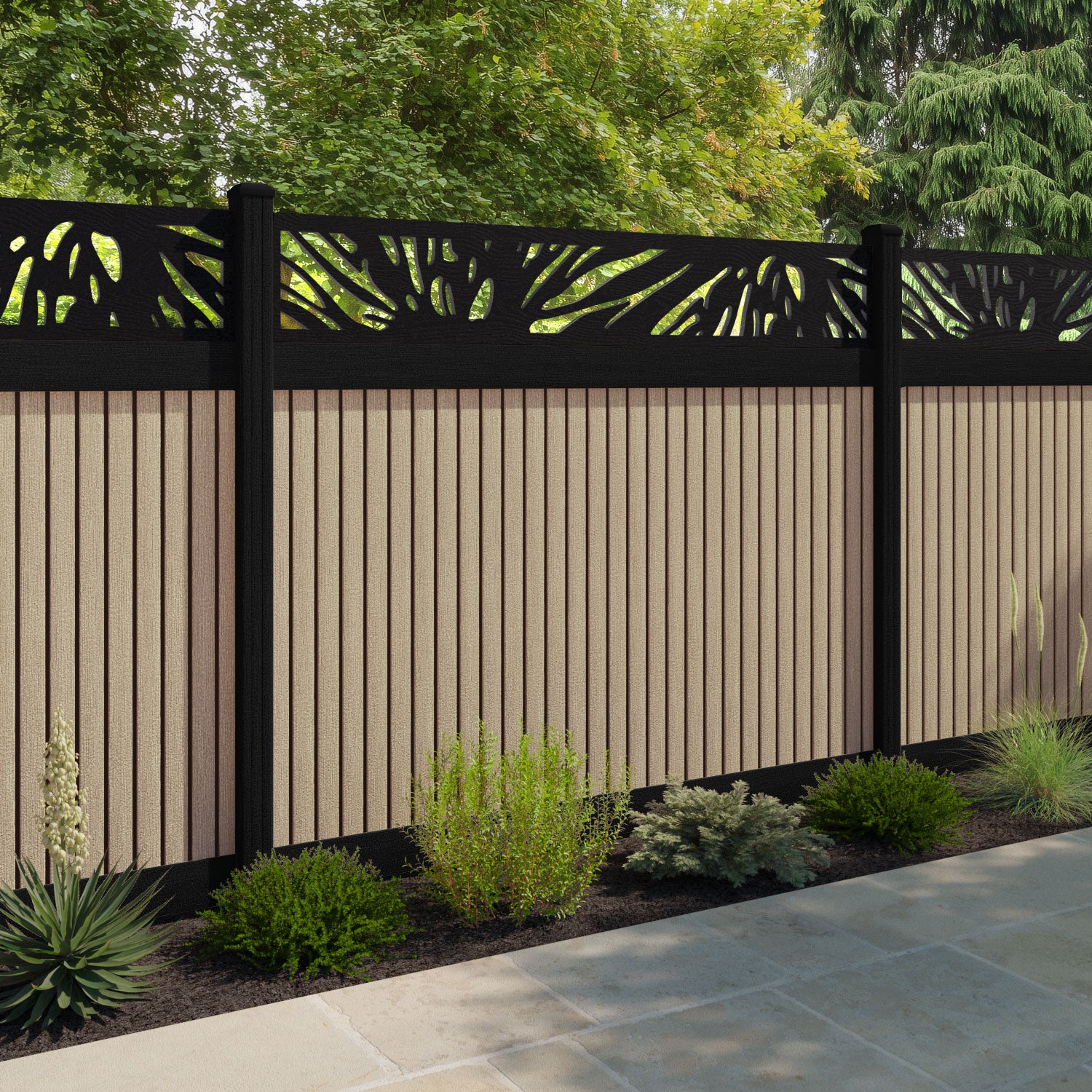 Virtis Poppy Fence Panel - Light Oak - with our aluminium posts