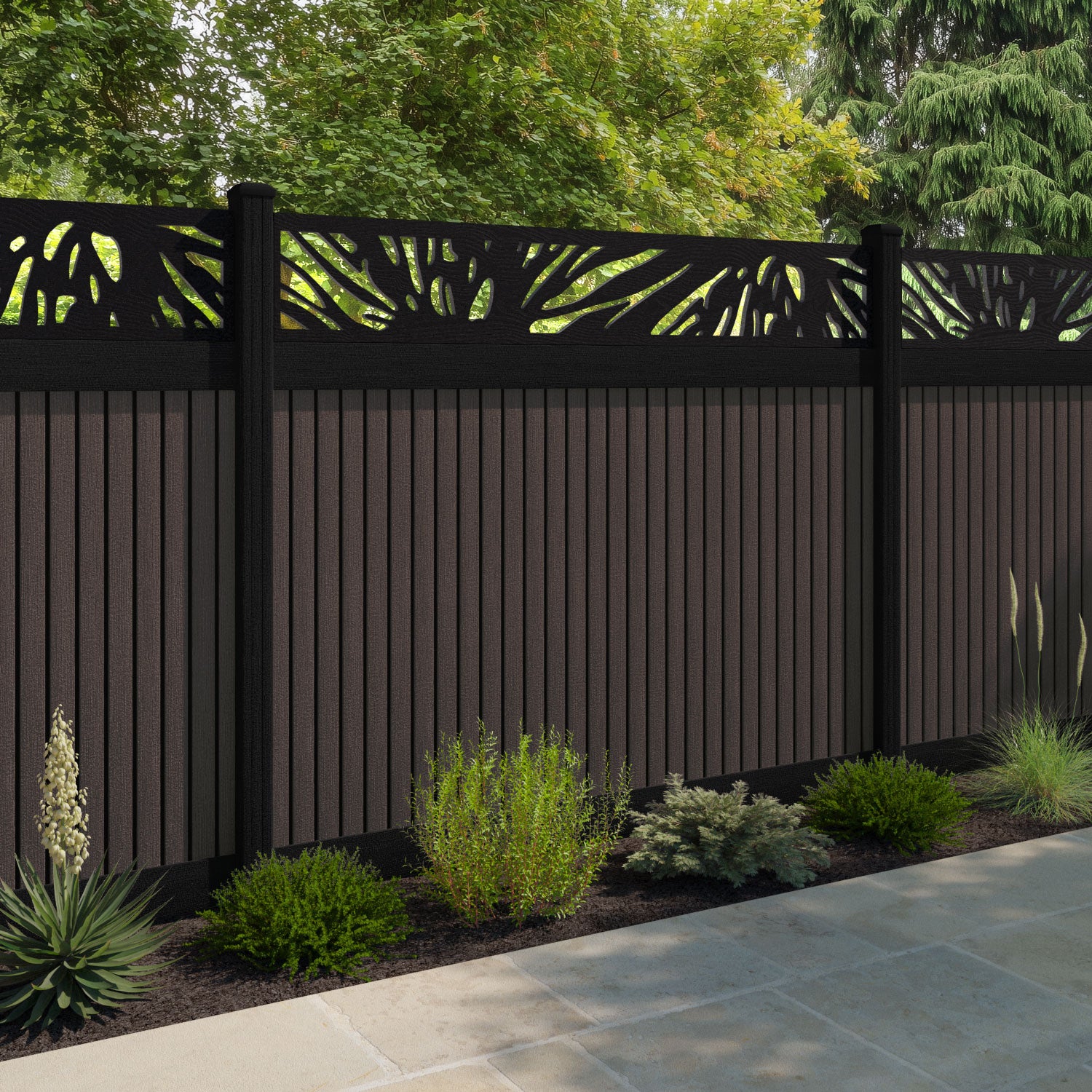 Virtis Poppy Fence Panel - Mid Brown - with our aluminium posts
