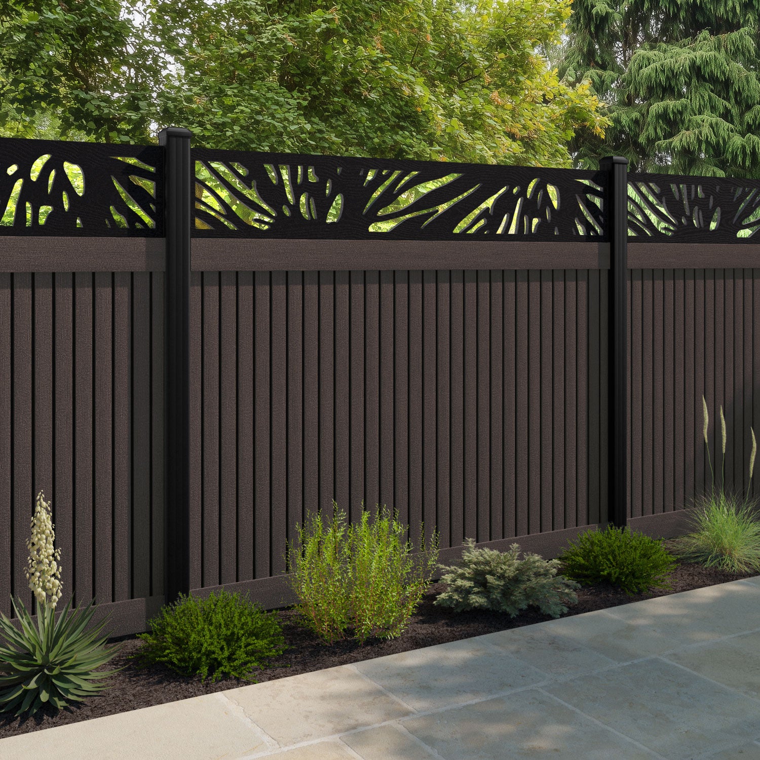 Virtis Poppy Fence Panel - Mid Brown - with our aluminium posts