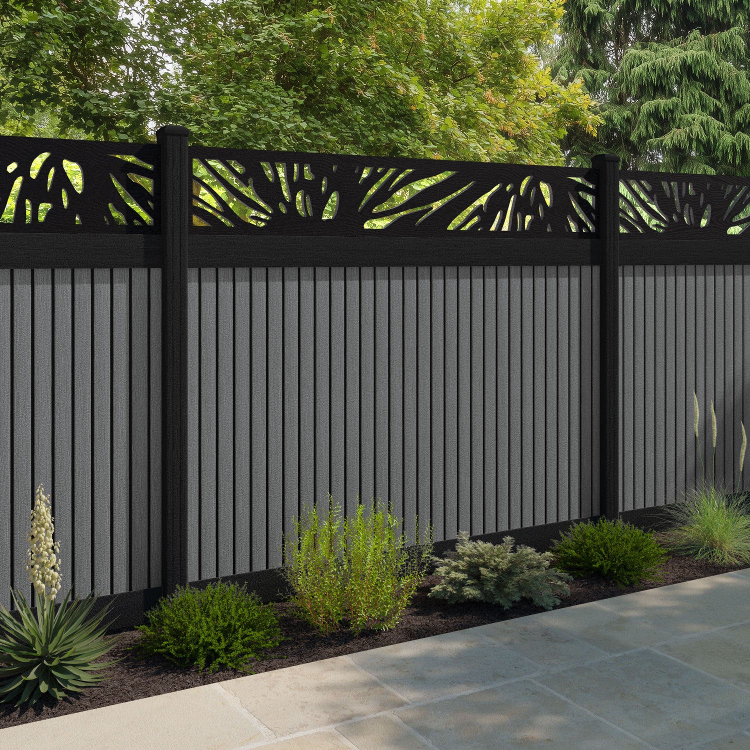 Virtis Poppy Fence Panel - Mid Grey - with our aluminium posts