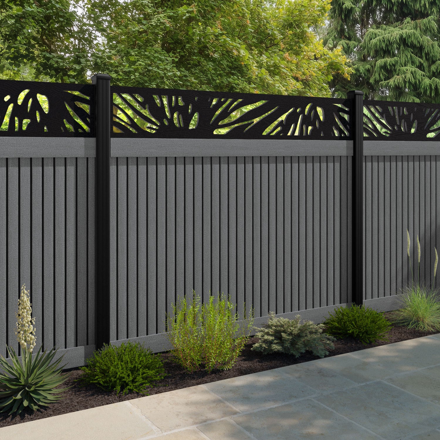 Virtis Poppy Fence Panel - Mid Grey - with our aluminium posts