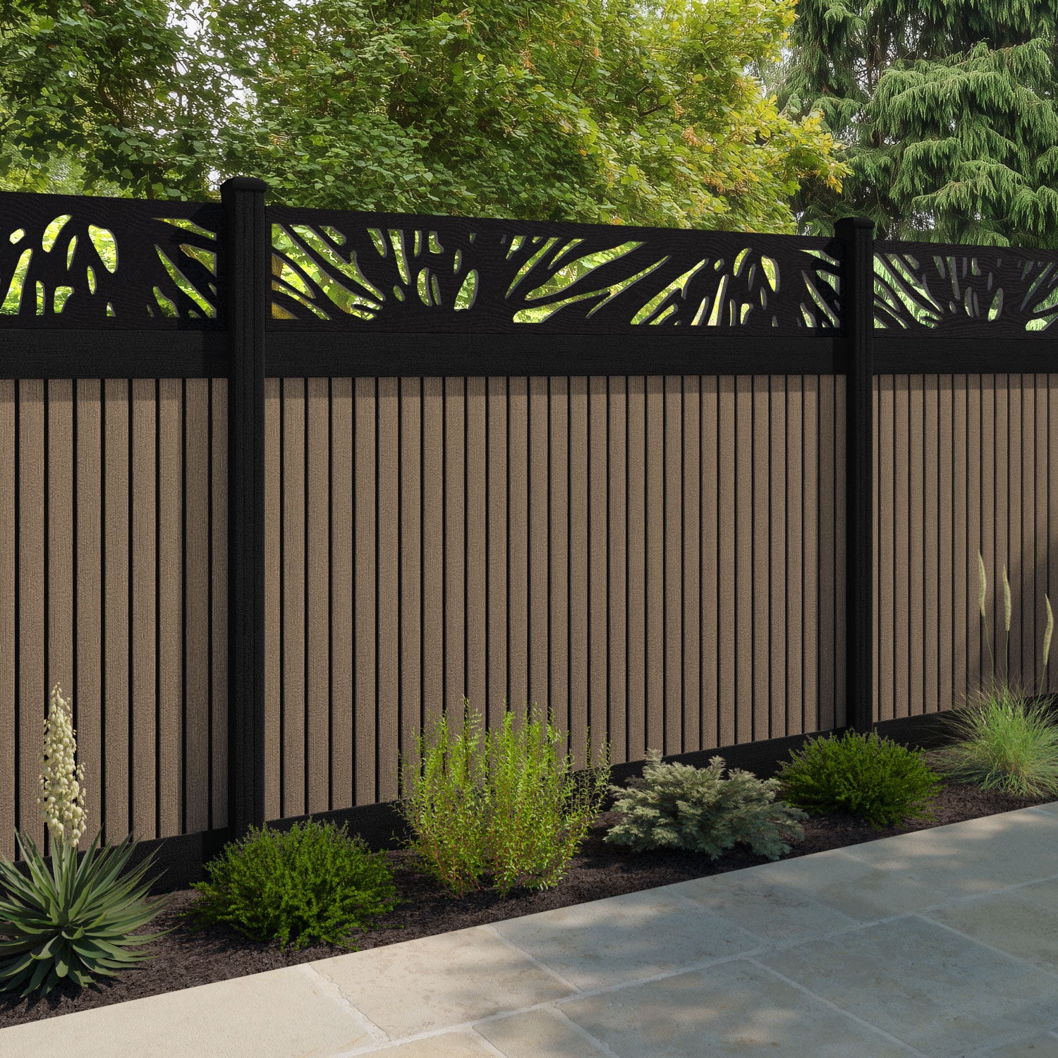 Virtis Poppy Fence Panel - Teak - with our aluminium posts