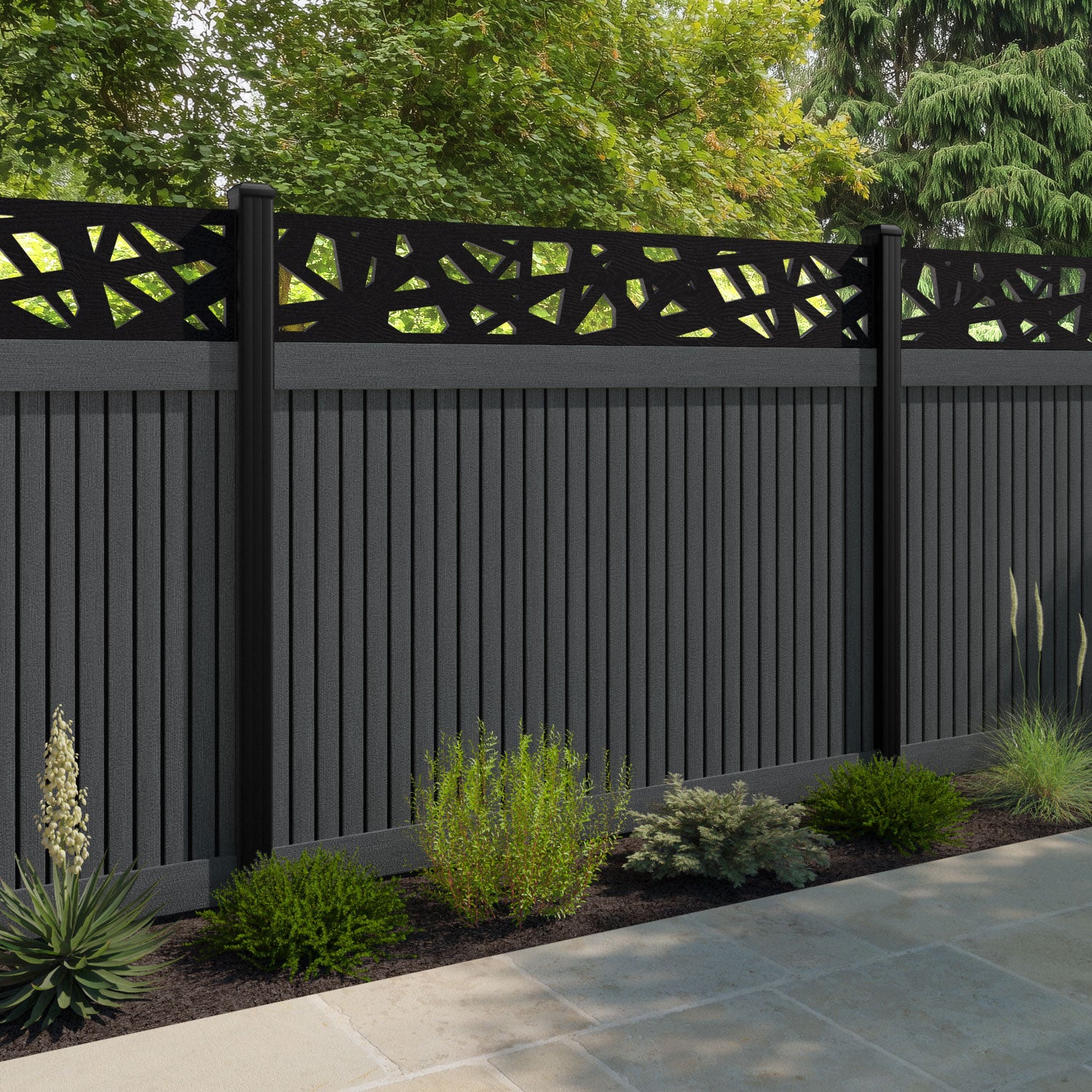 Virtis Prism Fence Panel - Dark Grey - with our aluminium posts