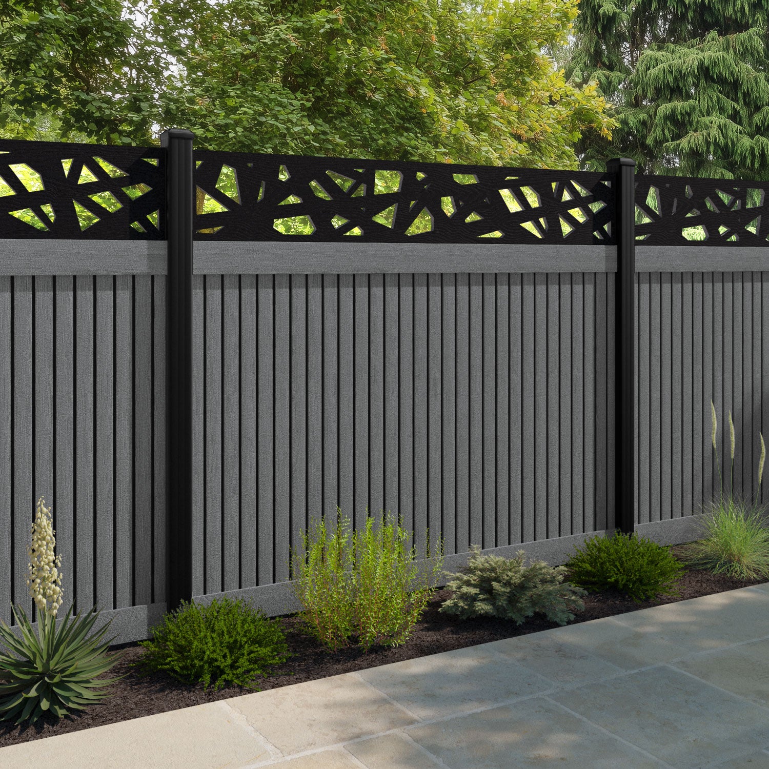 Virtis Prism Fence Panel - Mid Grey - with our aluminium posts
