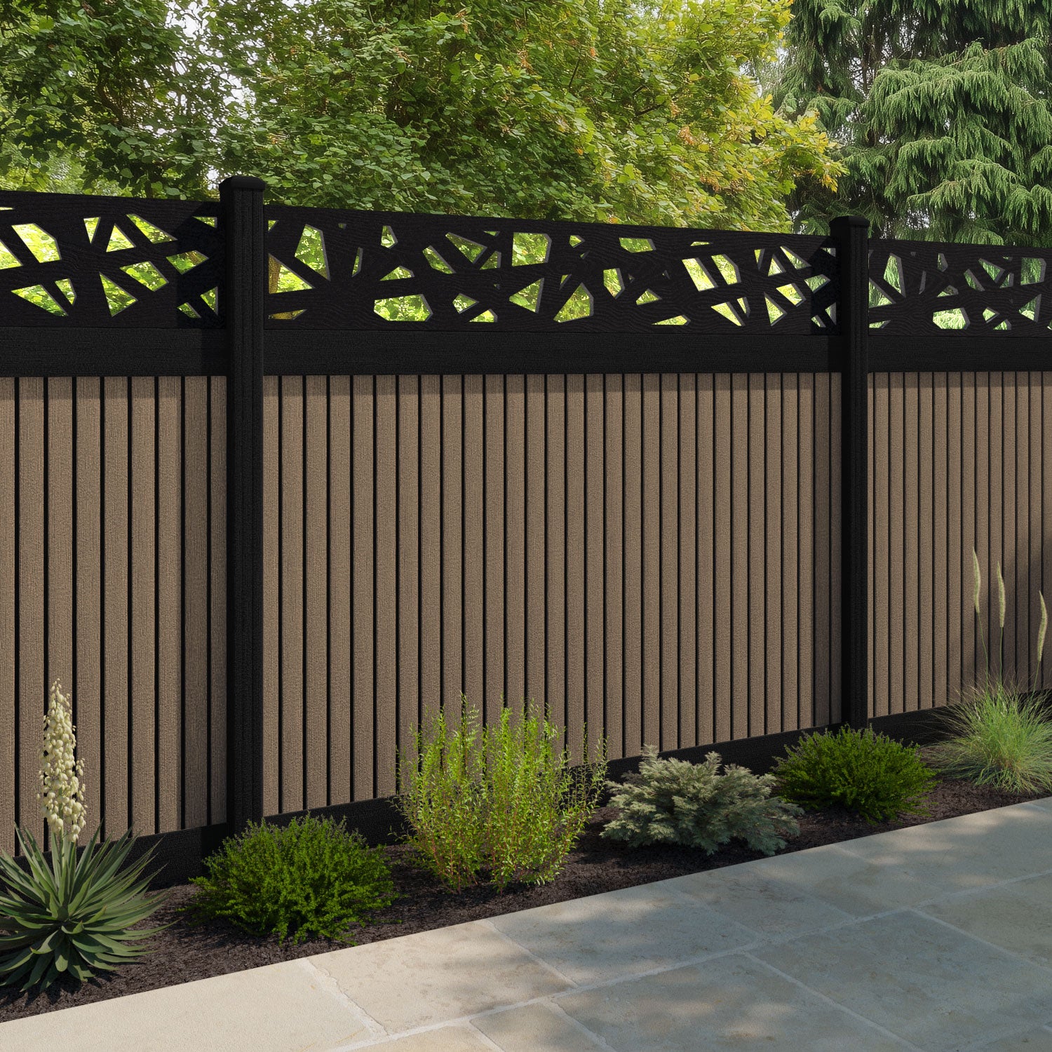 Virtis Prism Fence Panel - Teak - with our aluminium posts