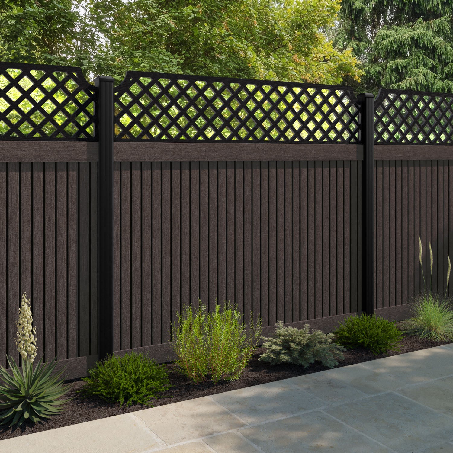 Virtis Regal Hive Fence Panel - Mid Brown - with our aluminium posts