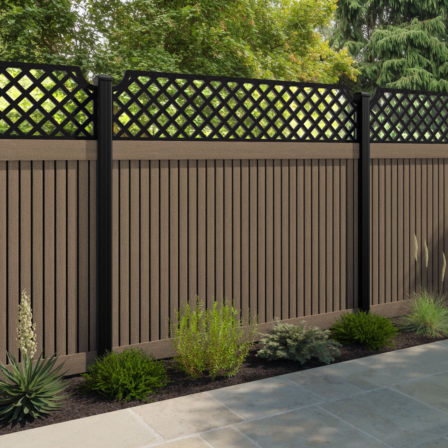 Virtis Regal Hive Fence Panel - Teak - with our aluminium posts