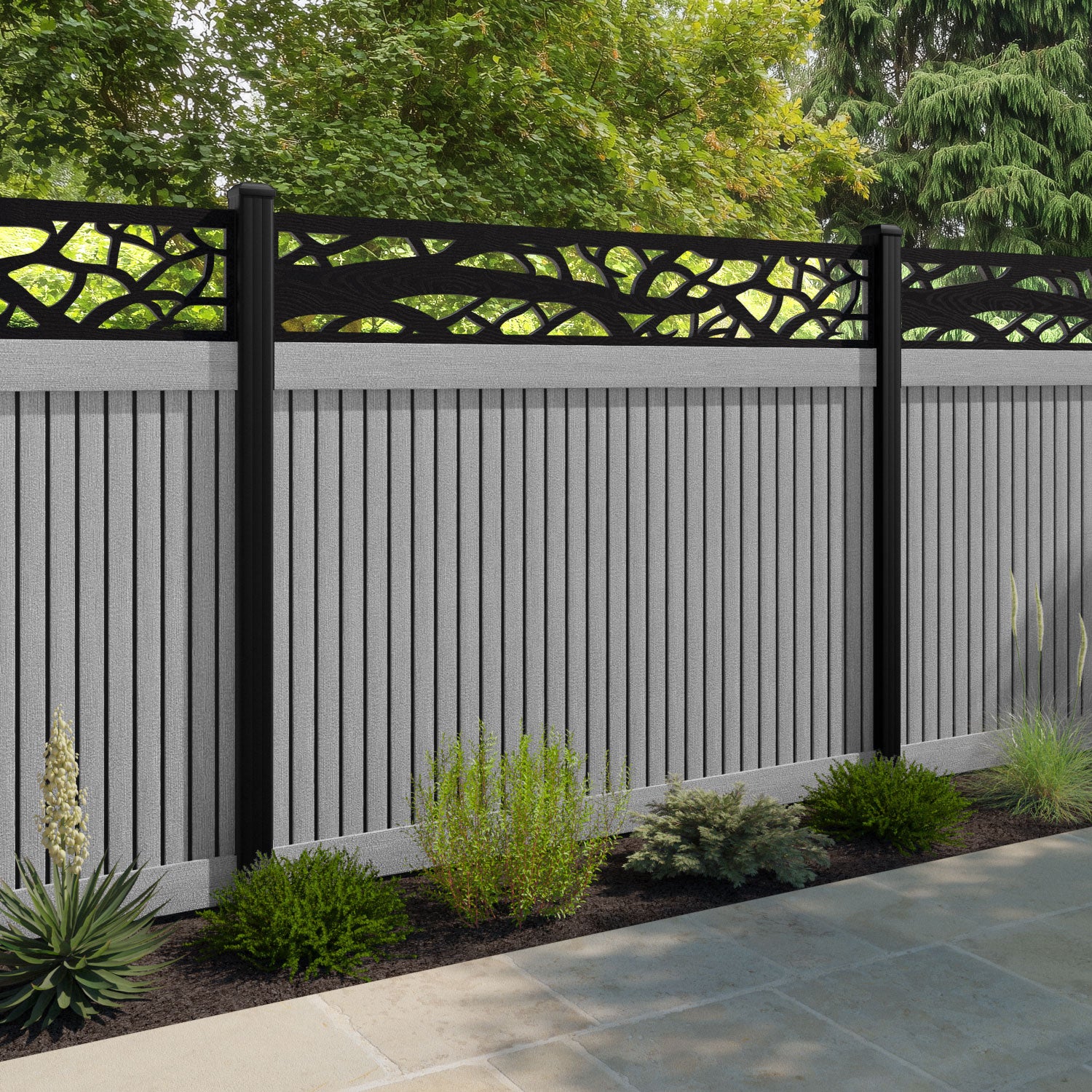 Virtis Twilight Fence Panel - Light Grey - with our aluminium posts