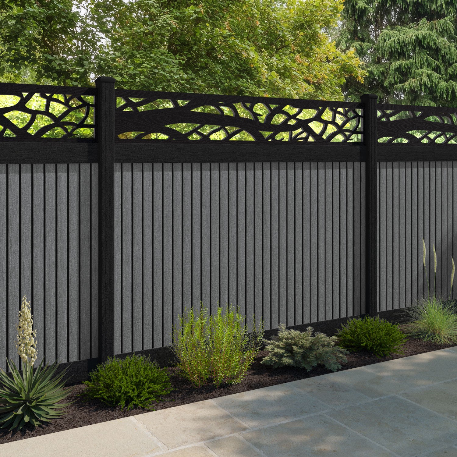 Virtis Twilight Fence Panel - Mid Grey - with our aluminium posts
