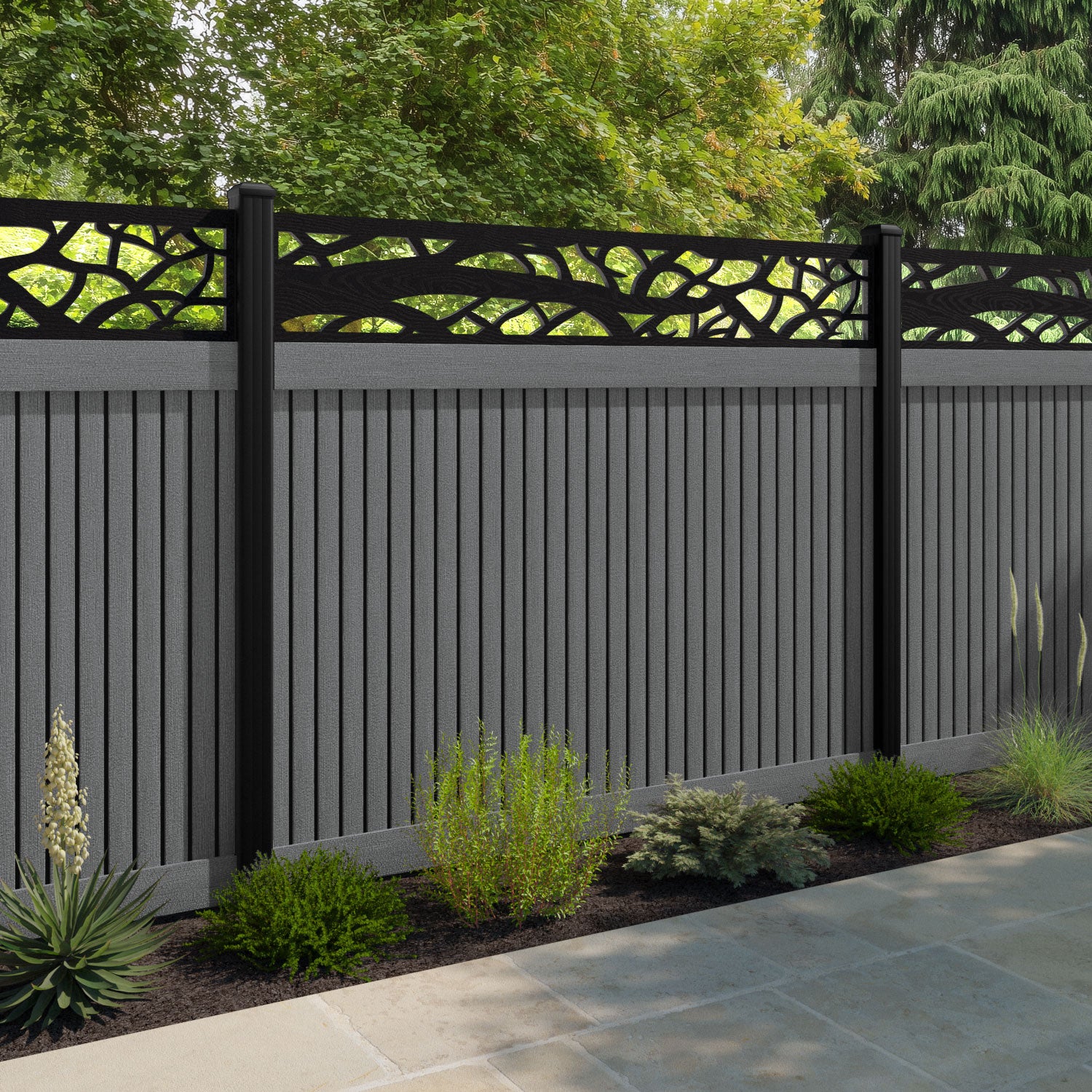 Virtis Twilight Fence Panel - Mid Grey - with our aluminium posts