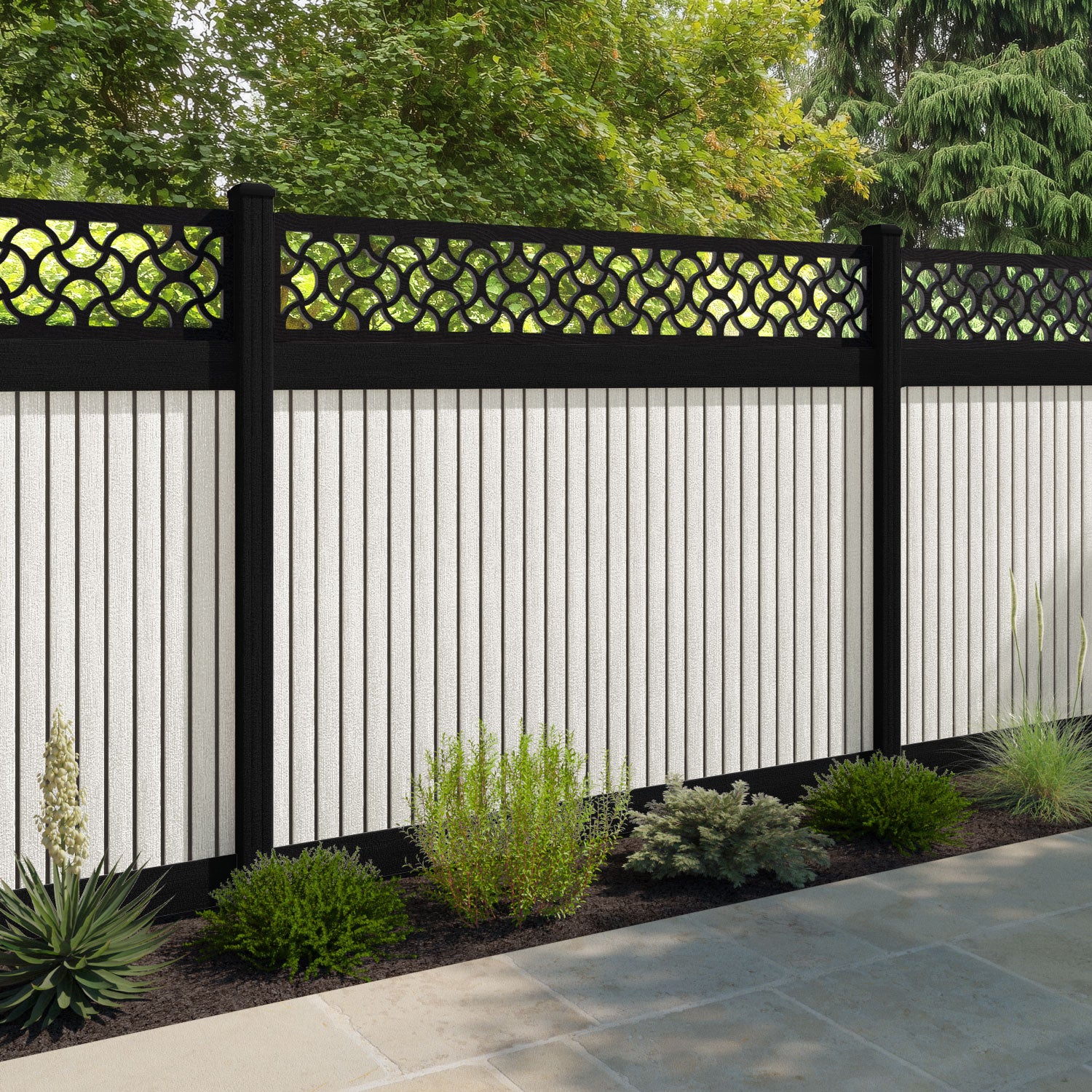 Virtis Vida Fence Panel - Light Stone - with our aluminium posts