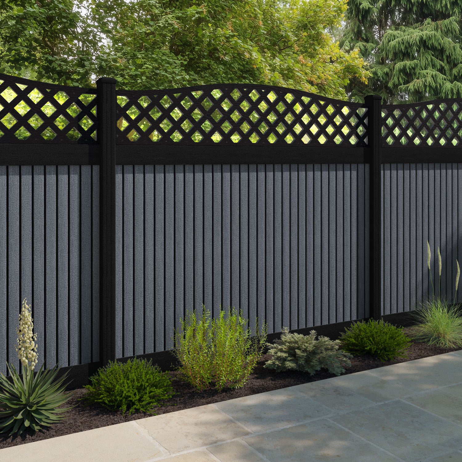 Virtis High Wave Fence Panel - Anthracite - with our aluminium posts