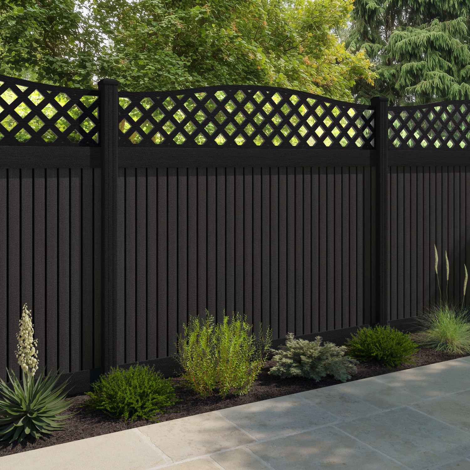 Virtis High Wave Fence Panel - Dark Oak - with our aluminium posts