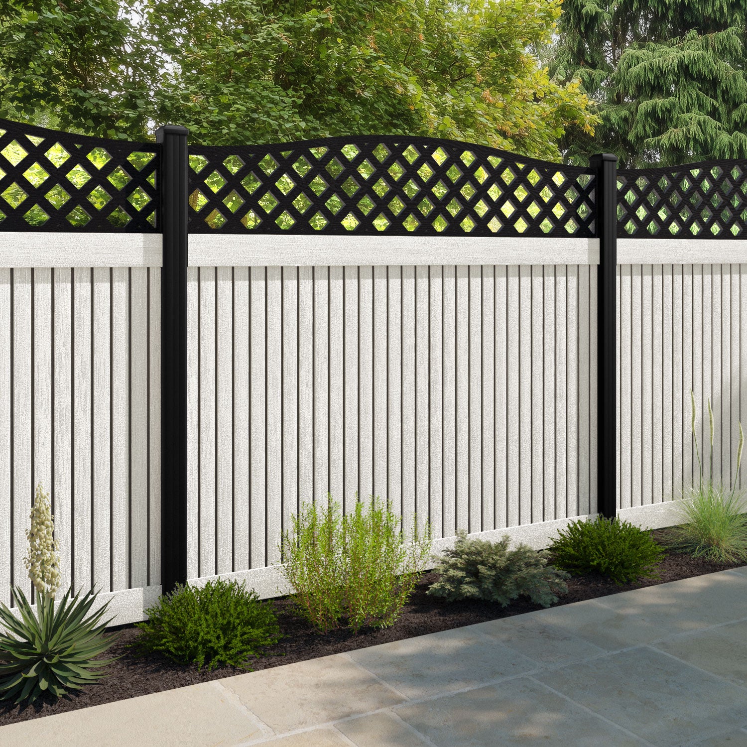 Virtis High Wave Fence Panel - Light Stone - with our aluminium posts