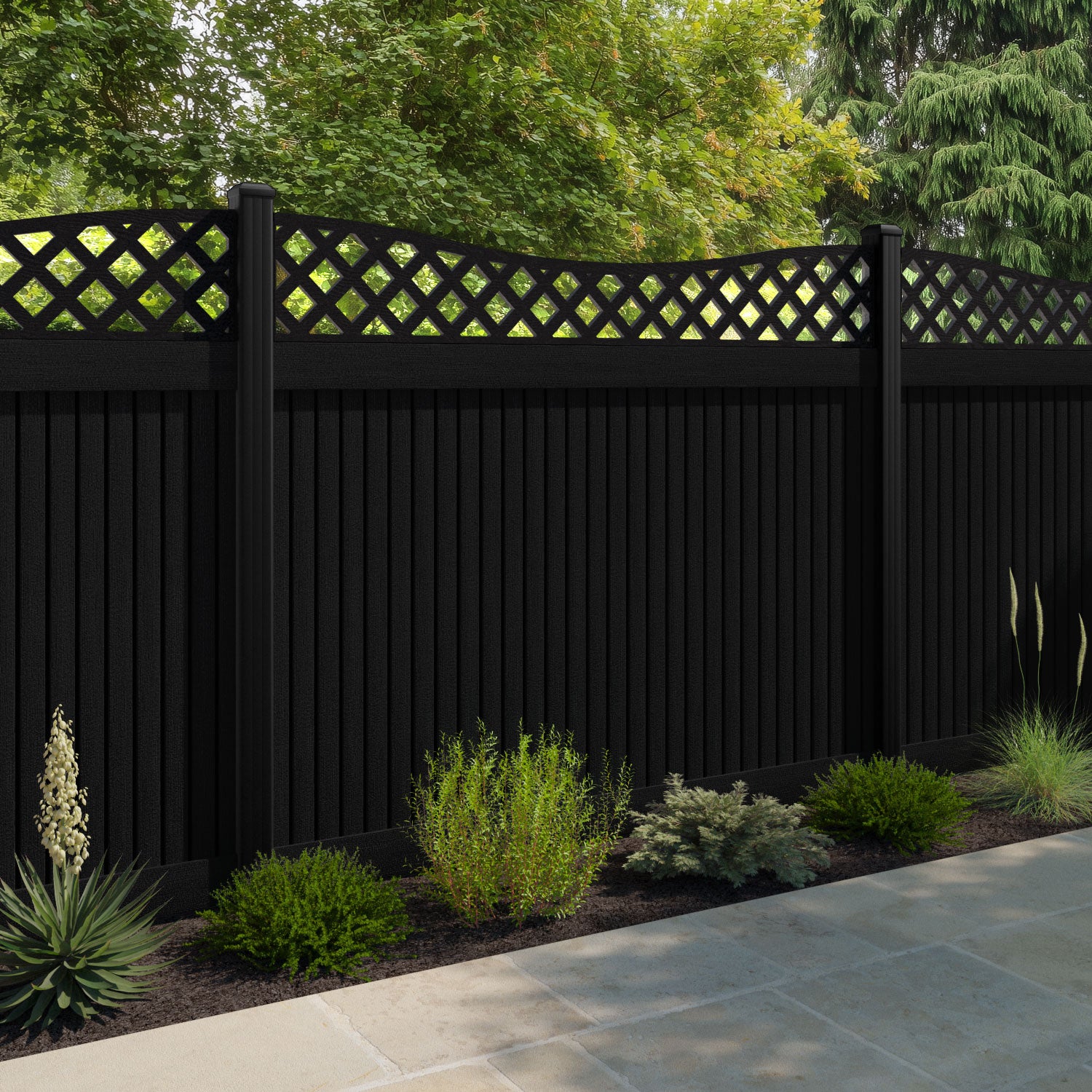Virtis Low Wave Fence Panel - Black - with our aluminium posts