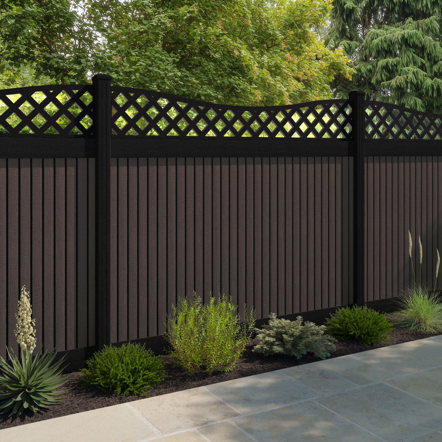 Virtis Low Wave Fence Panel - Mid Brown - with our aluminium posts
