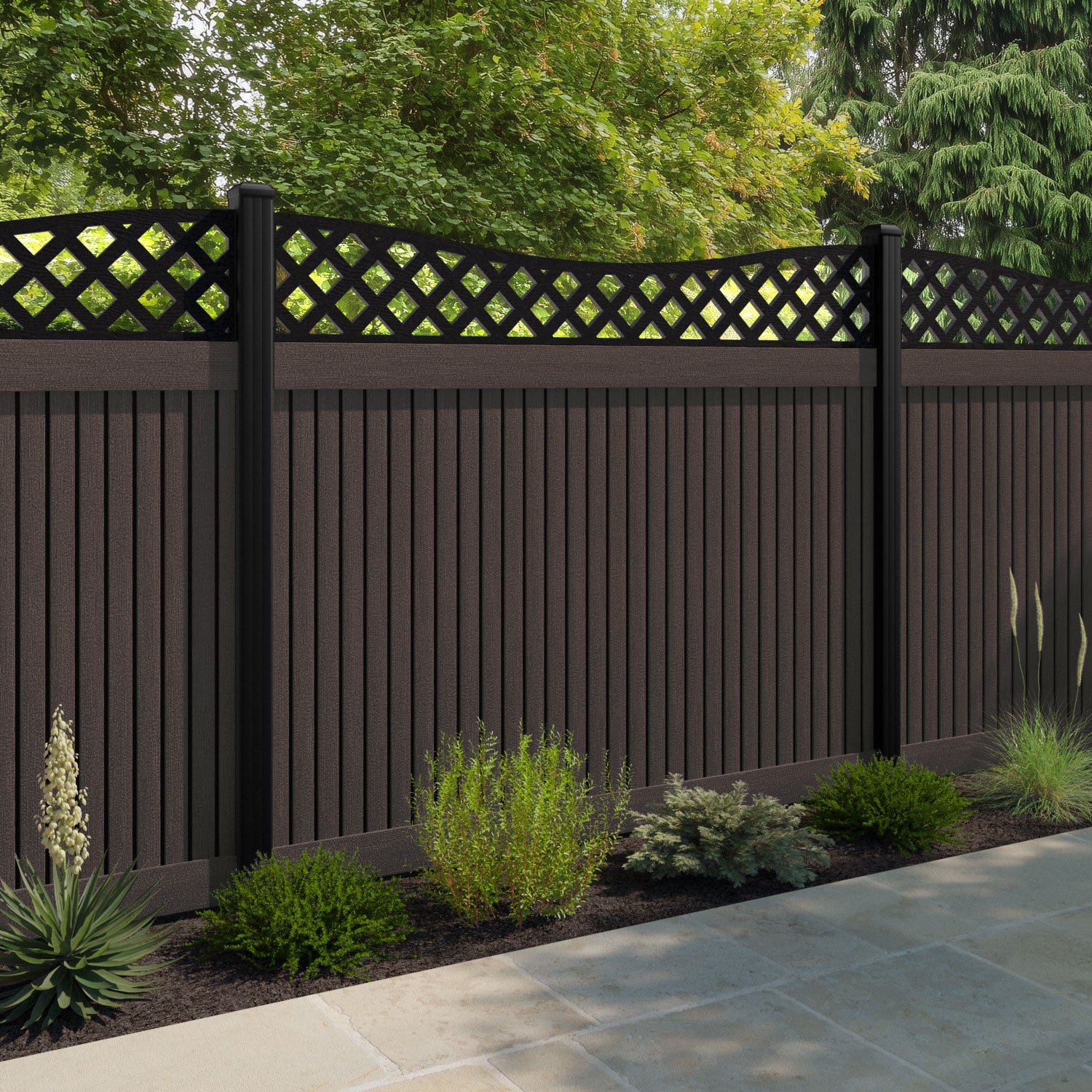 Virtis Low Wave Fence Panel - Mid Brown - with our composite posts