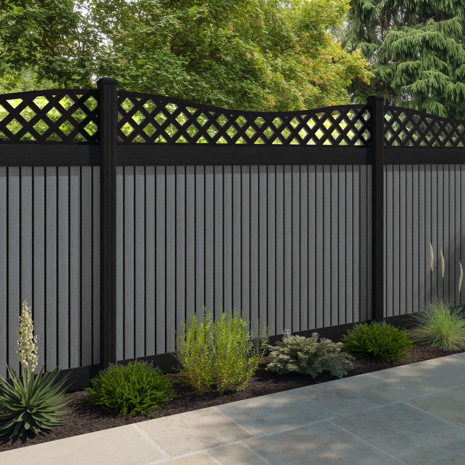 Virtis Low Wave Fence Panel - Mid Grey - with our composite posts